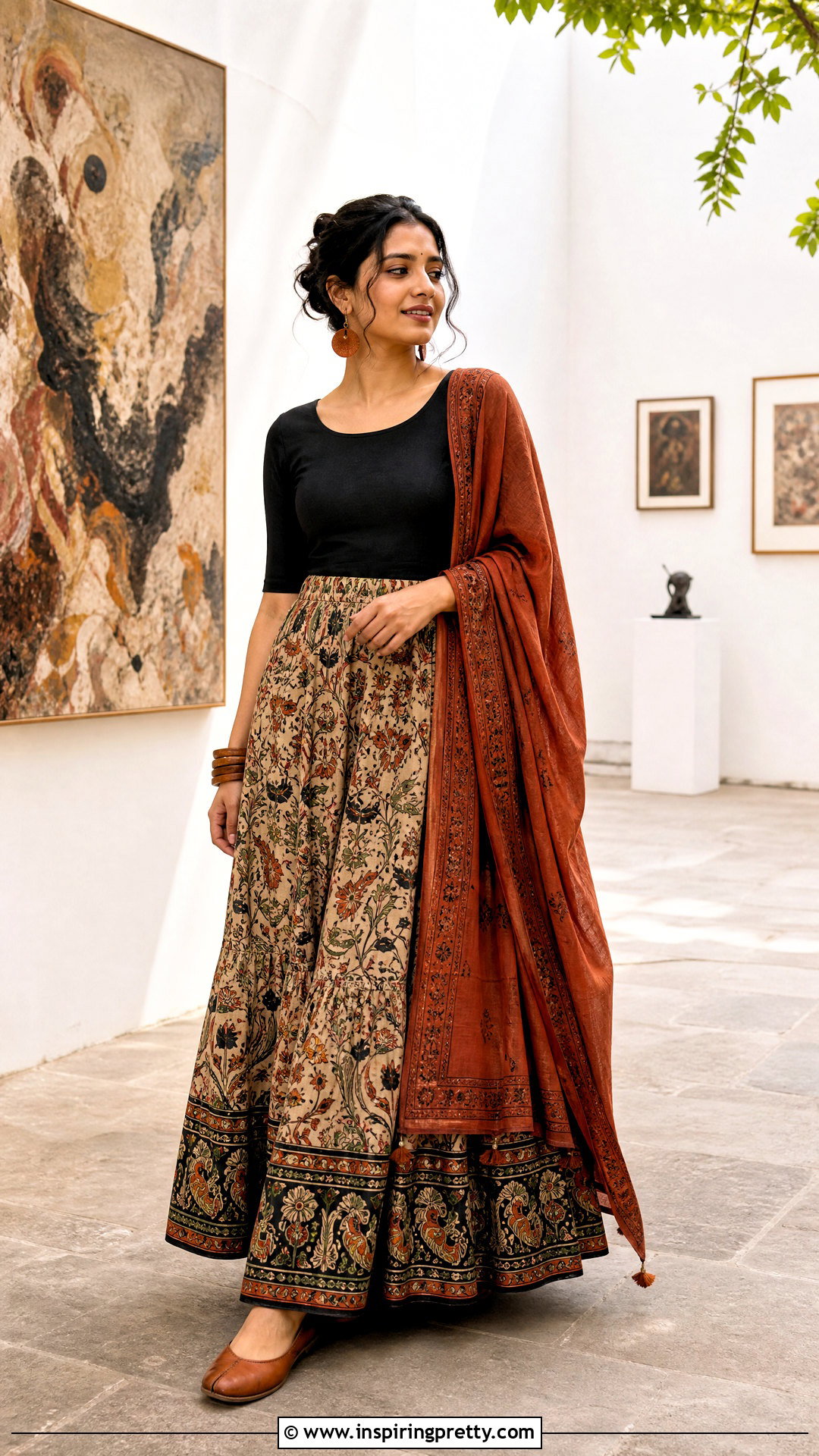 Kalamkari Skirt With Black Fitted Top - 50 traditional skirt and top outfits