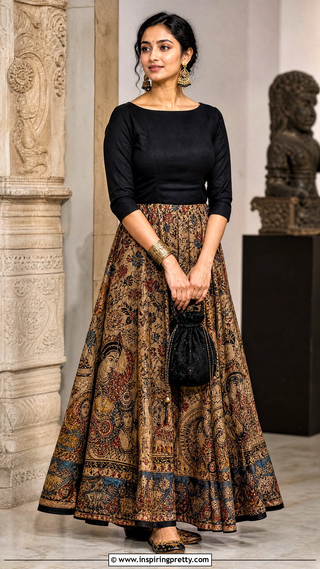 Kalamkari Skirt With Solid Black Top - 50 skirt top indian outfit traditional ideas