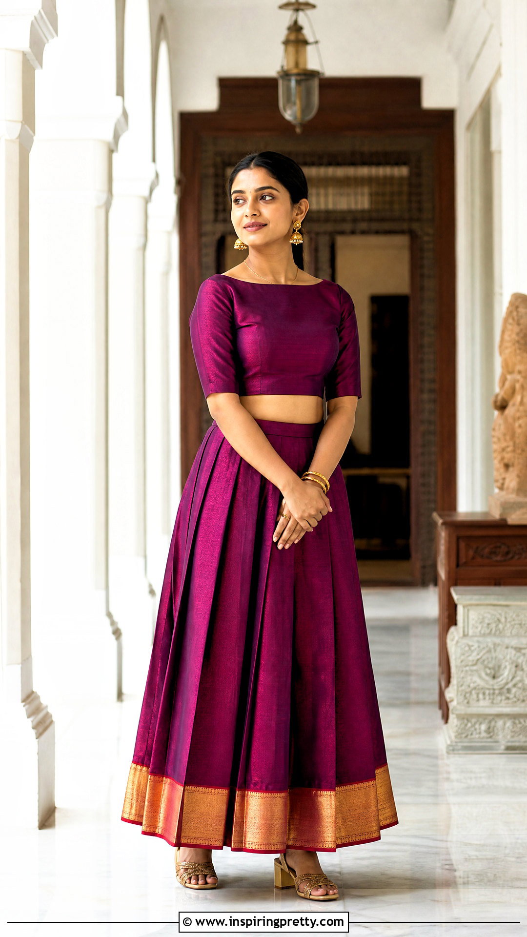 Kanjeevaram Saree Skirt And Boat Neck Crop Top - 25 skirt and crop top from old saree ideas