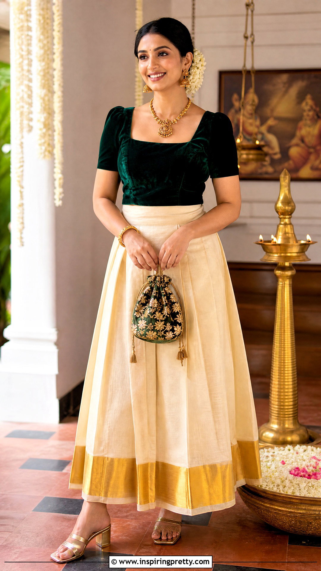 Kasavu Onam Skirt And Emerald Velvet Top - 50 latest onam skirt and top designs
