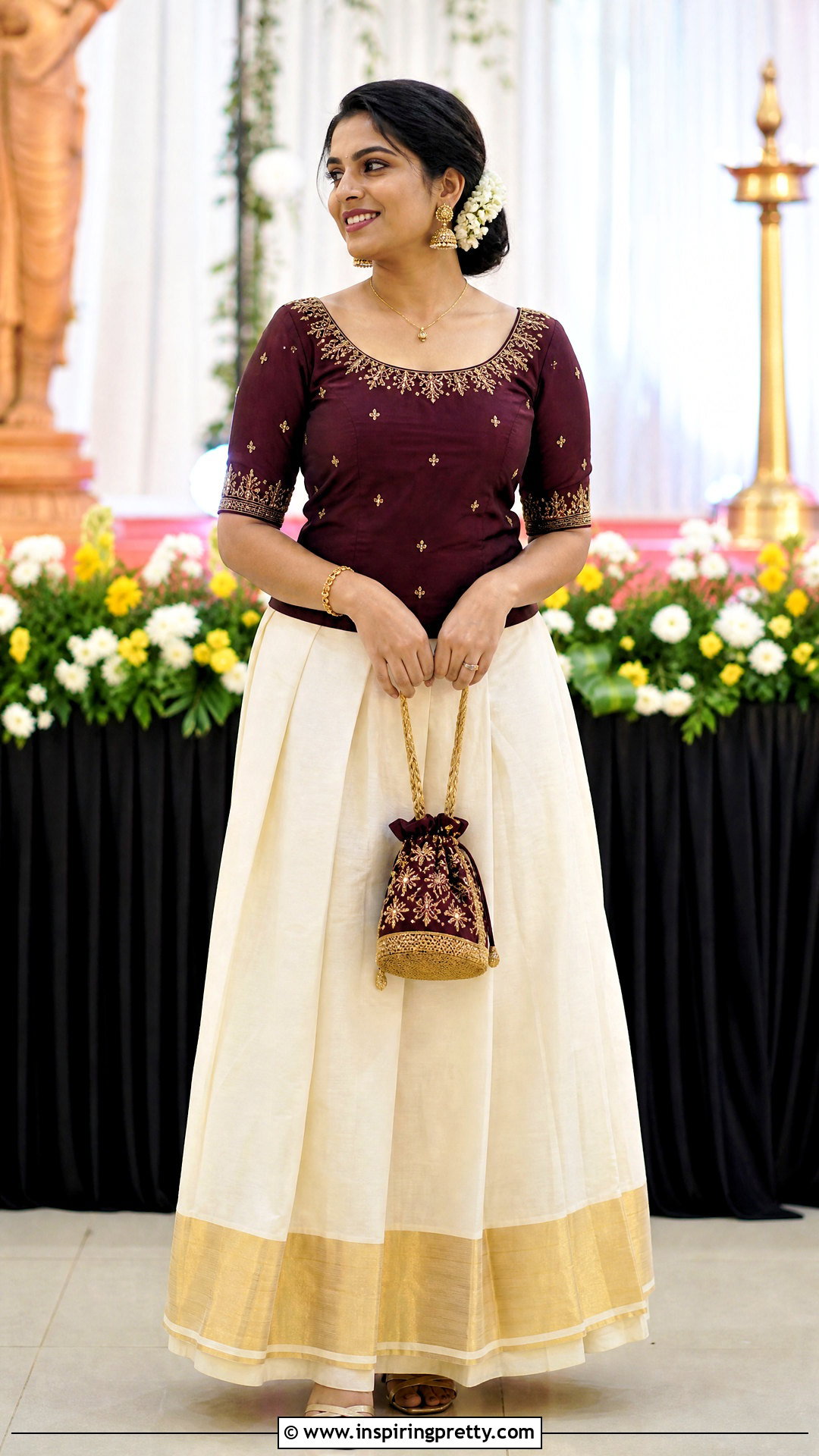Kasavu Skirt And Aari Work Top - 50 onam skirt and top designs