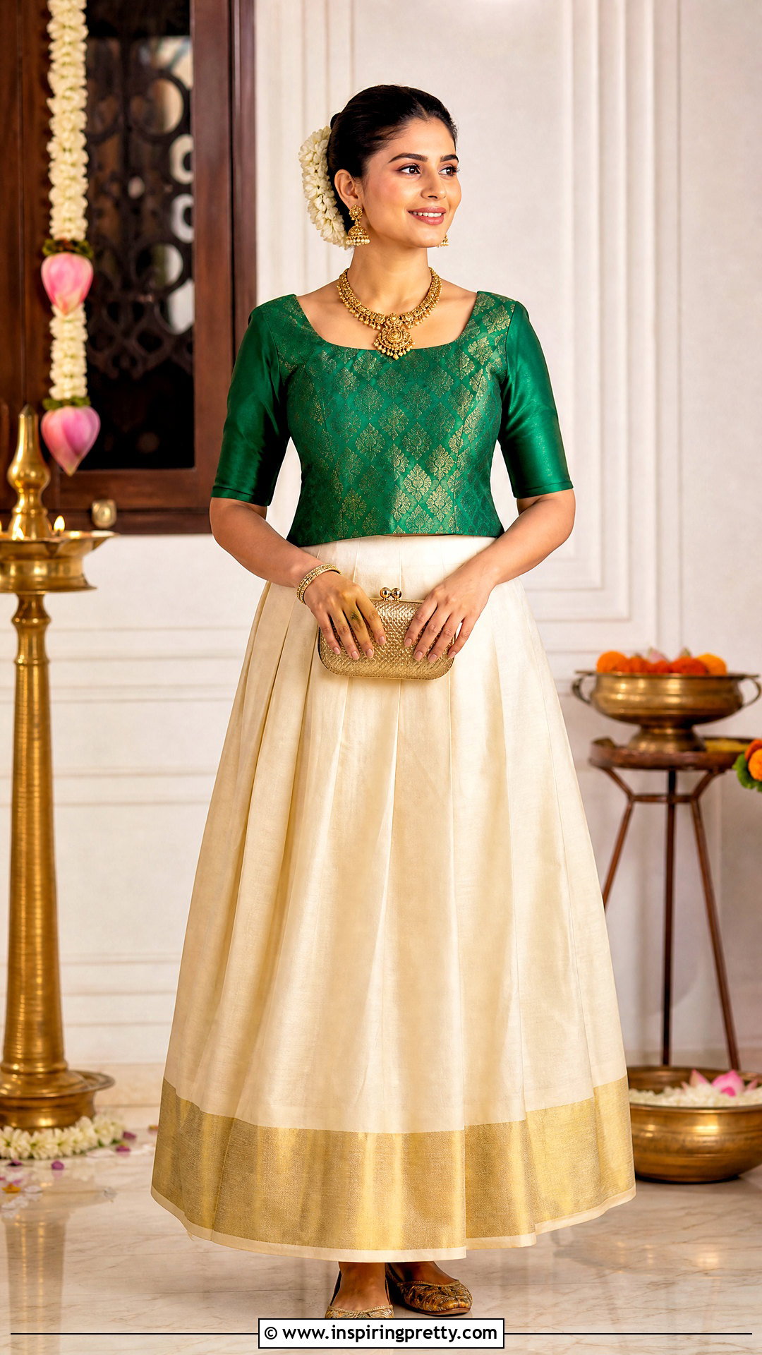 Kasavu Skirt And Banarasi Top - 50 onam skirt and top designs
