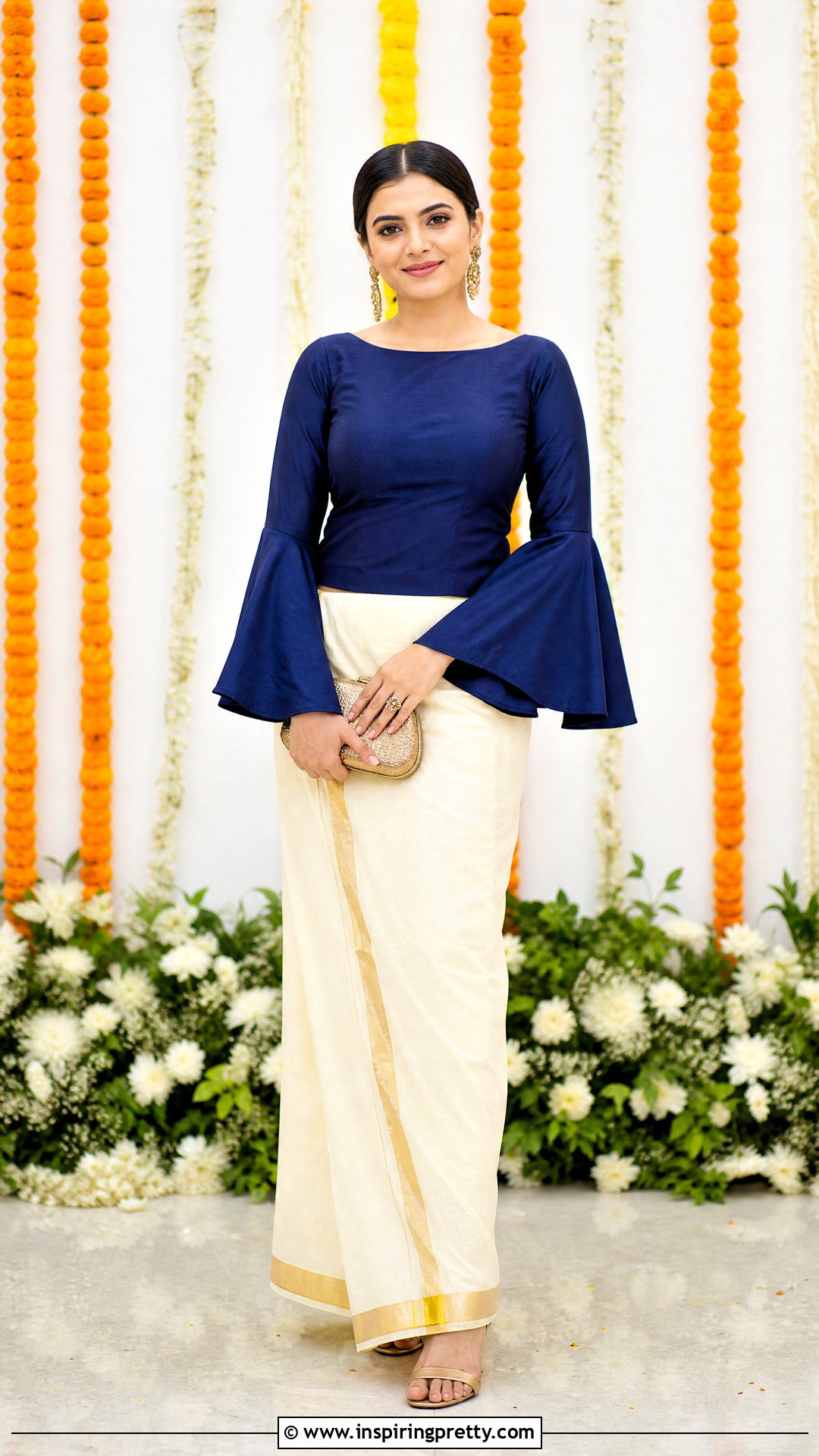 Kasavu Skirt And Bell Sleeve Top - 50 onam skirt and top designs