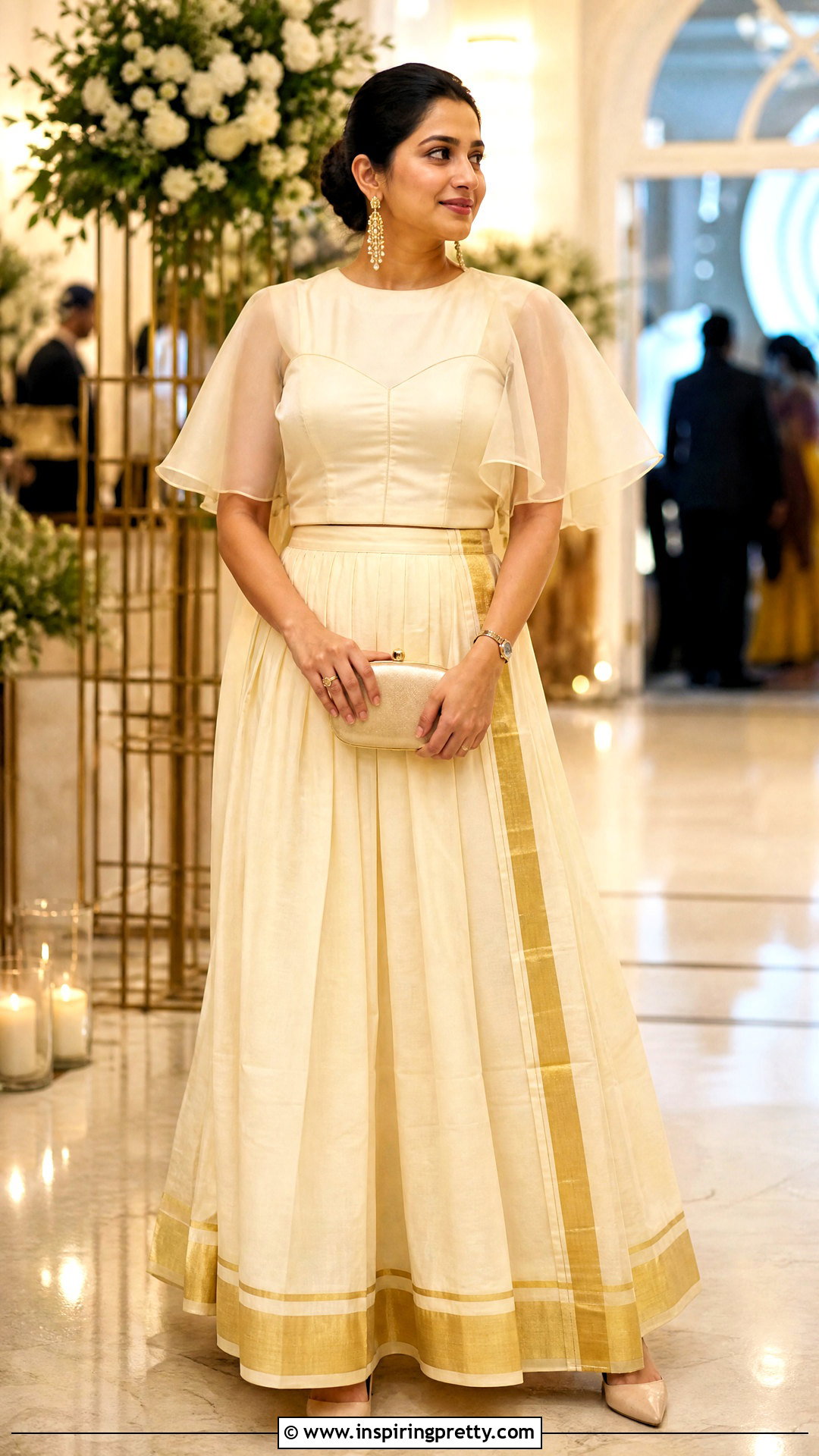 Kasavu Skirt And Cape Sleeve Top - 50 onam skirt and top designs