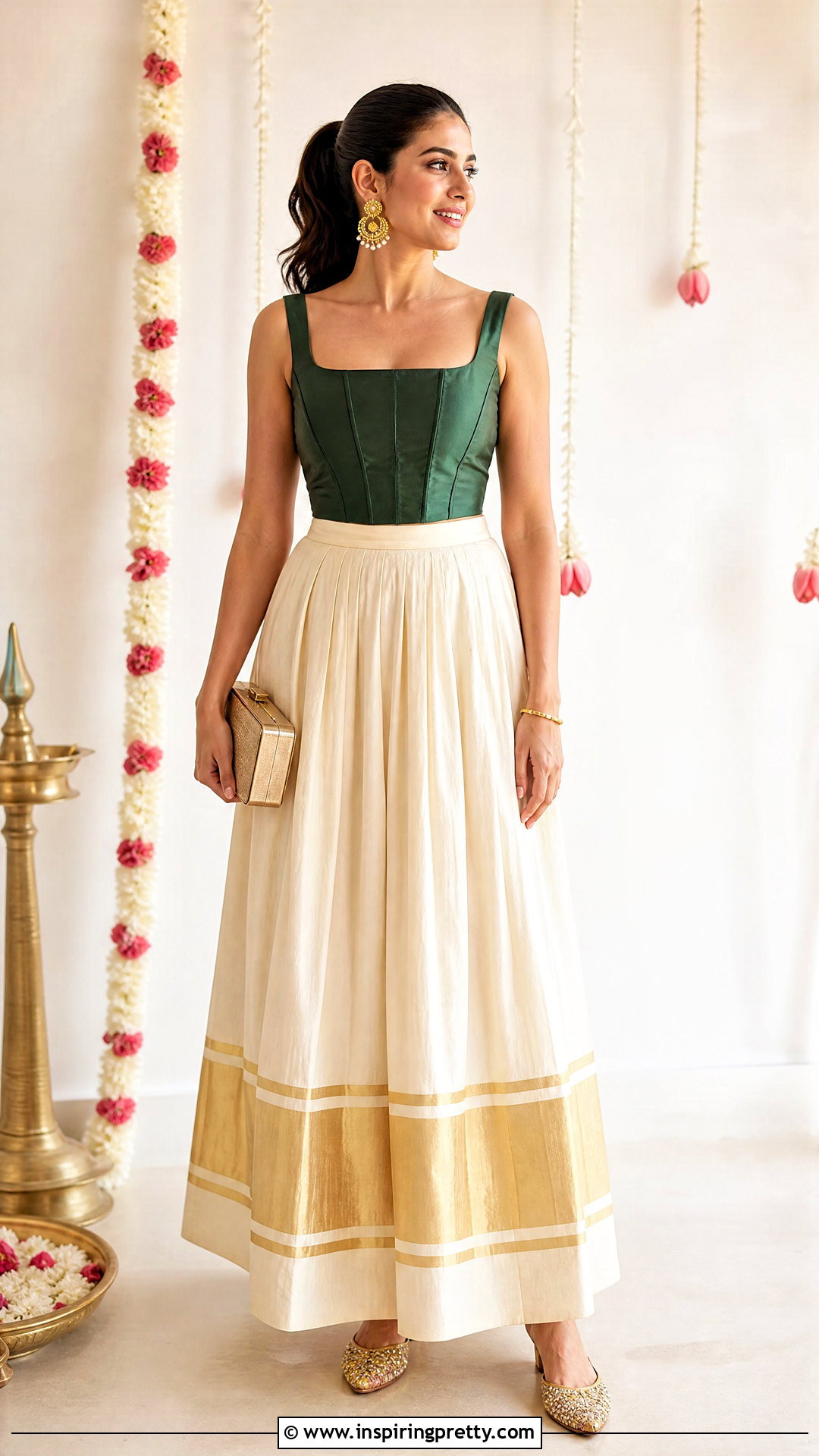 Kasavu Skirt And Corset Style Top - 50 onam skirt and top designs