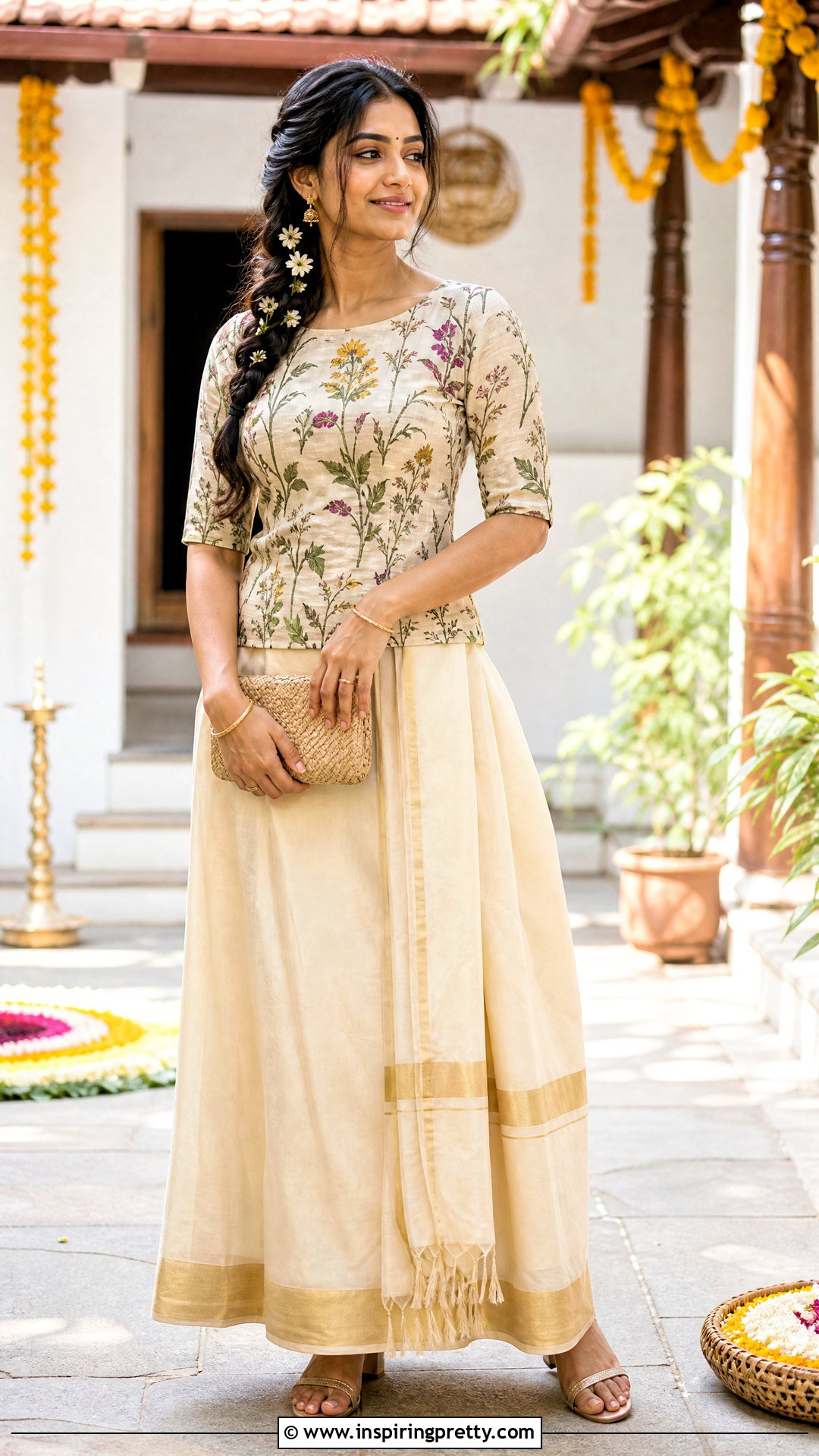 Kasavu Skirt And Dasapushpam Print Top - 50 onam skirt and top designs