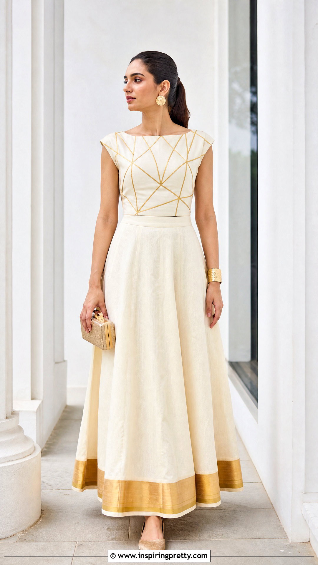 Kasavu Skirt And Geometric Border Top - 50 onam skirt and top designs