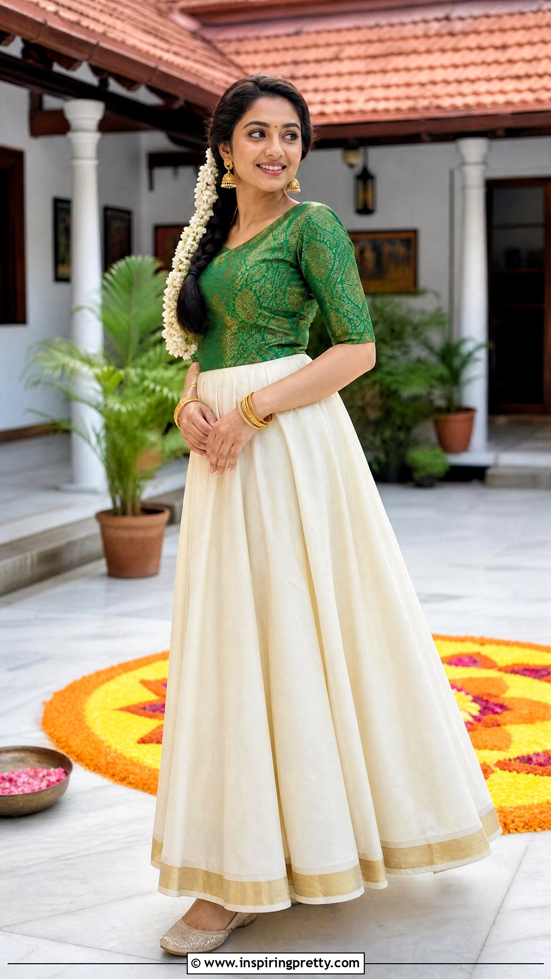 Kasavu Skirt And Green Brocade Top - 50 onam skirt and top designs