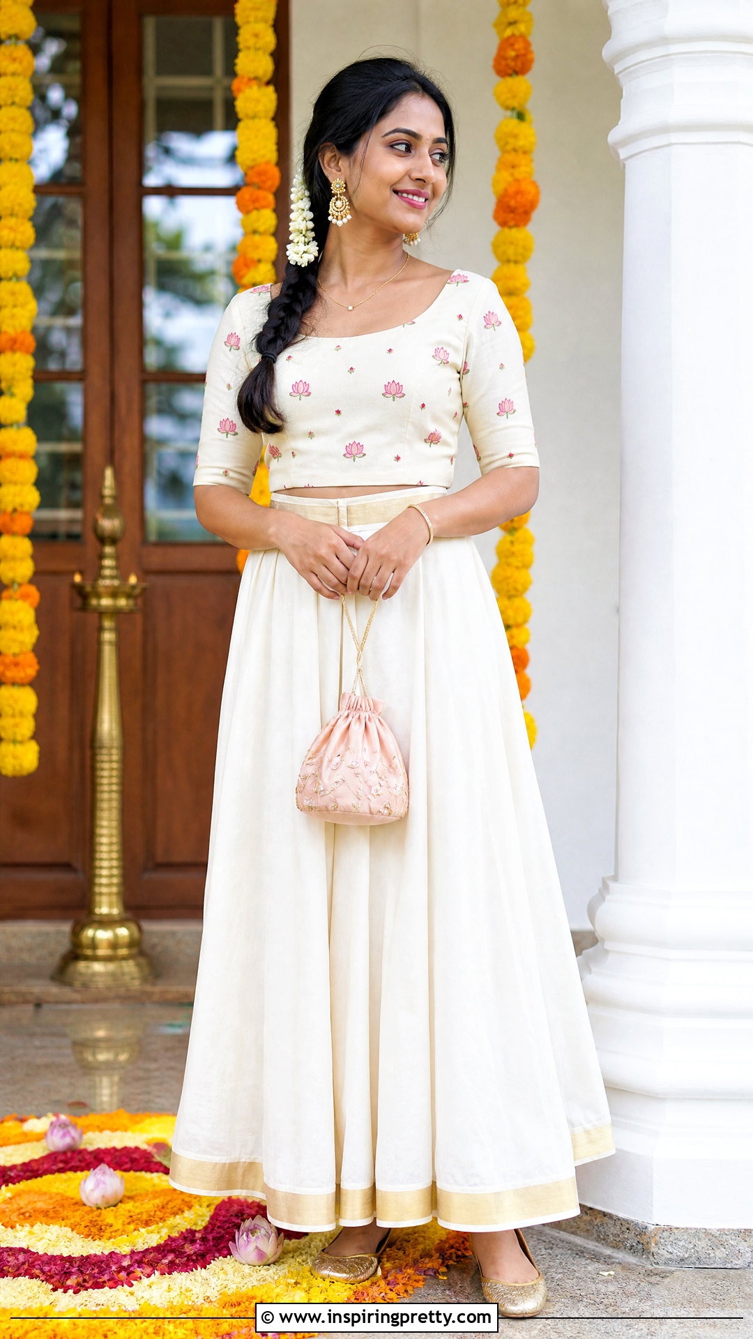Kasavu Skirt And Lotus Print Top - 50 onam skirt and top designs