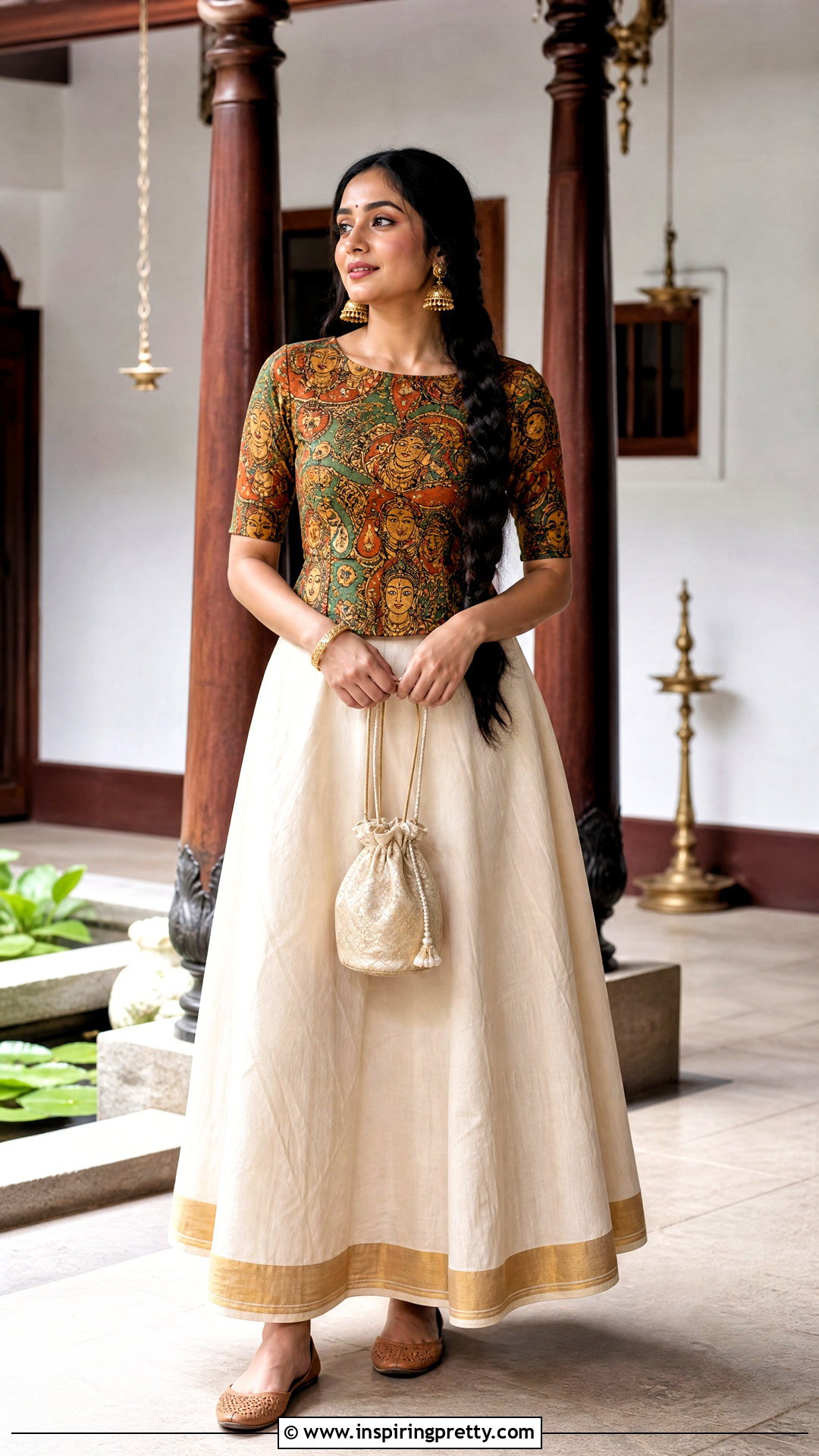 Kasavu Skirt And Mural Print Top - 50 onam skirt and top designs