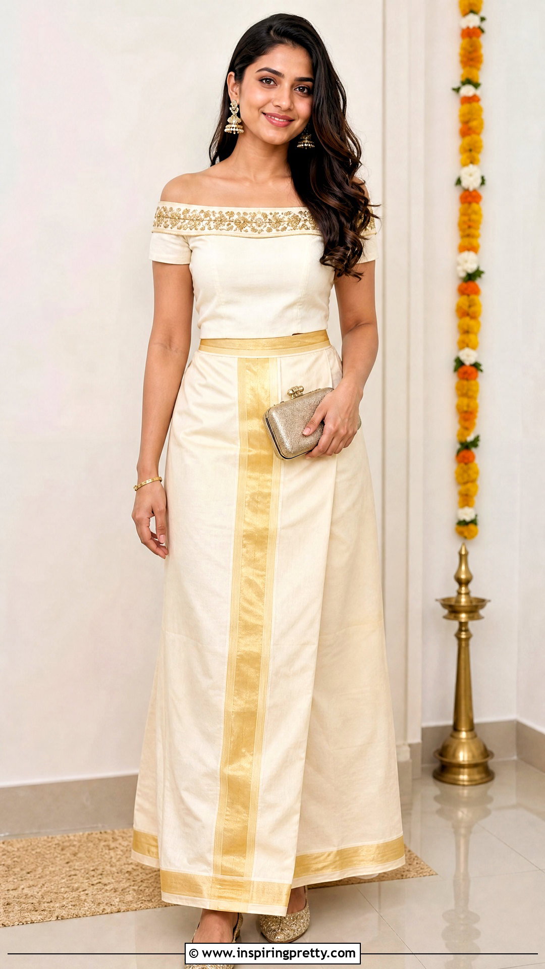 Kasavu Skirt And Off Shoulder Top - 50 onam skirt and top designs
