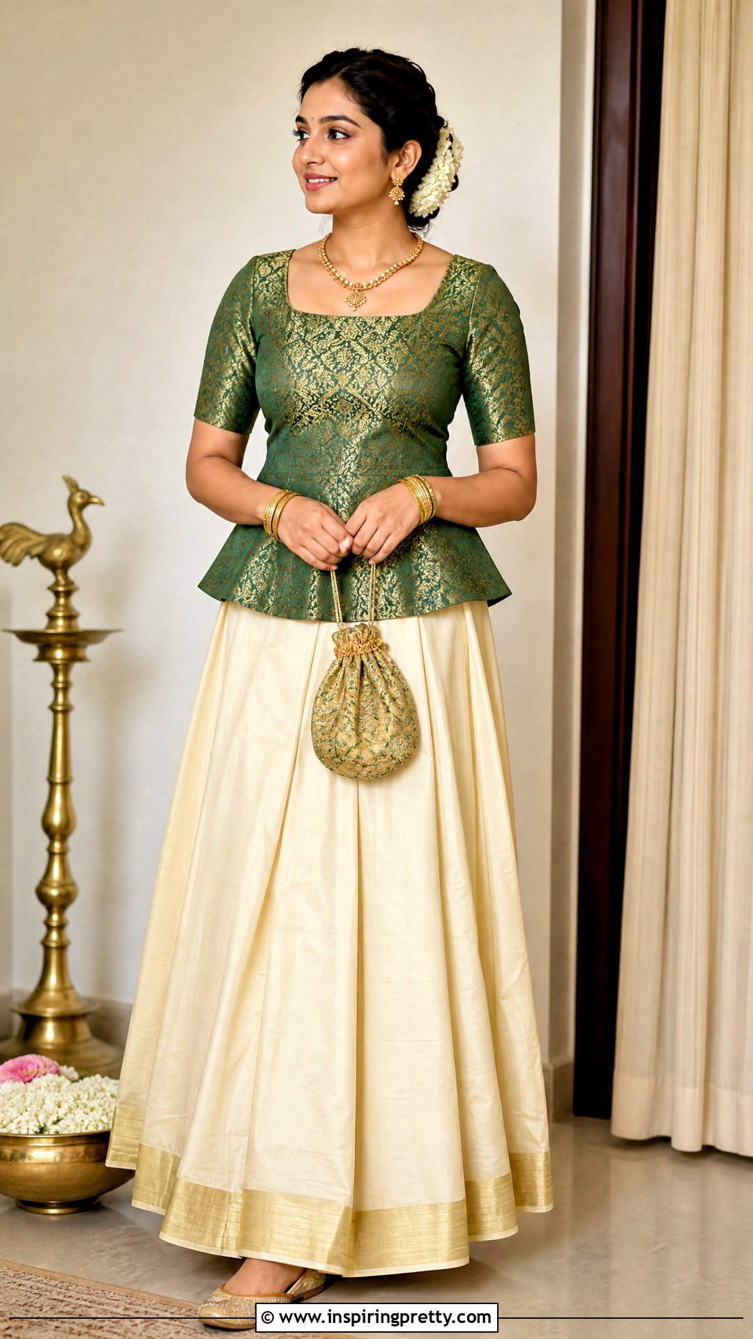 Kasavu Skirt And Peplum Brocade Top - 50 onam skirt and top designs