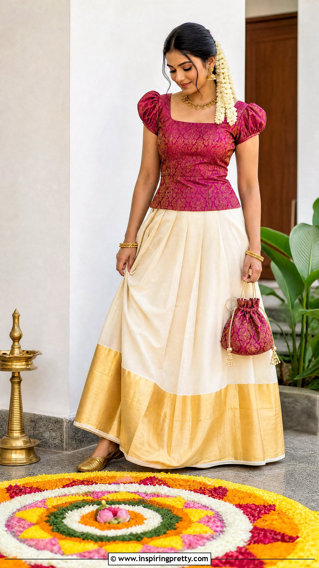 Kasavu Skirt And Puff Sleeve Brocade Top - 50 onam skirt and top designs