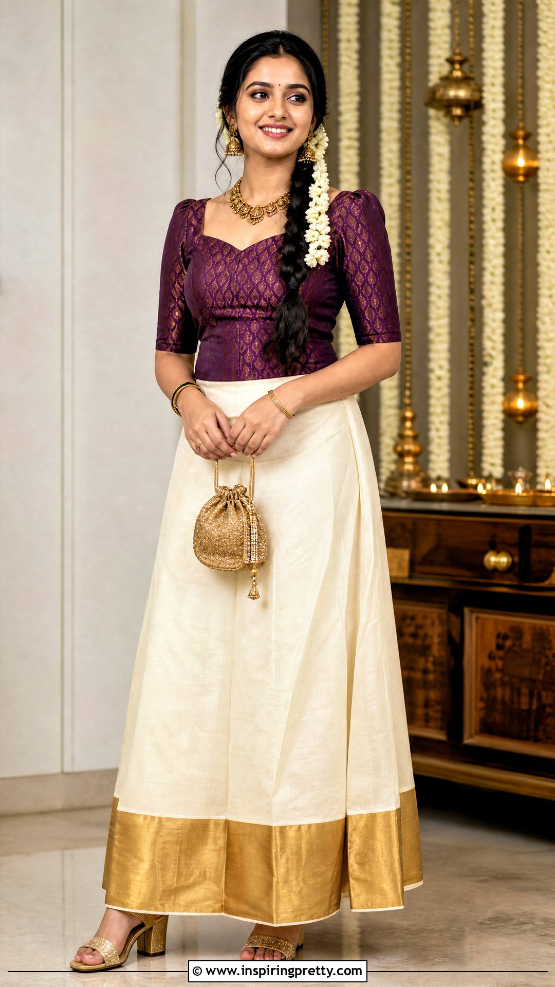 Kasavu Skirt And Purple Brocade Top - 50 onam skirt and top designs