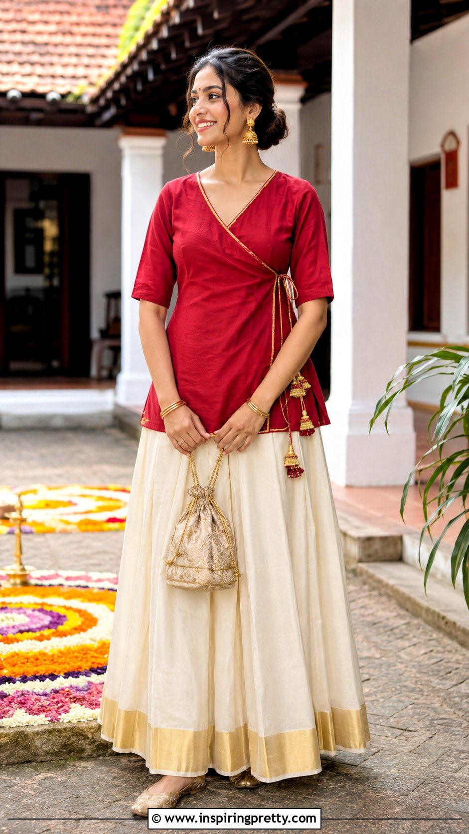 Kasavu Skirt With Angrakha Wrap Top - 50 traditional skirt and top kerala outfit ideas