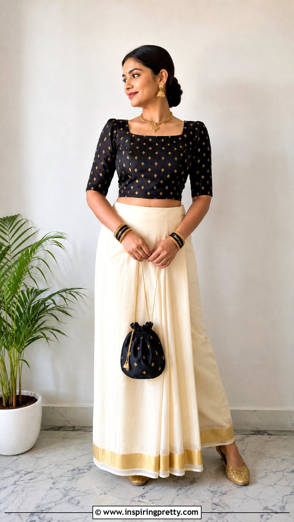 Kasavu Skirt With Black Brocade Blouse - 50 traditional skirt and top kerala outfit ideas