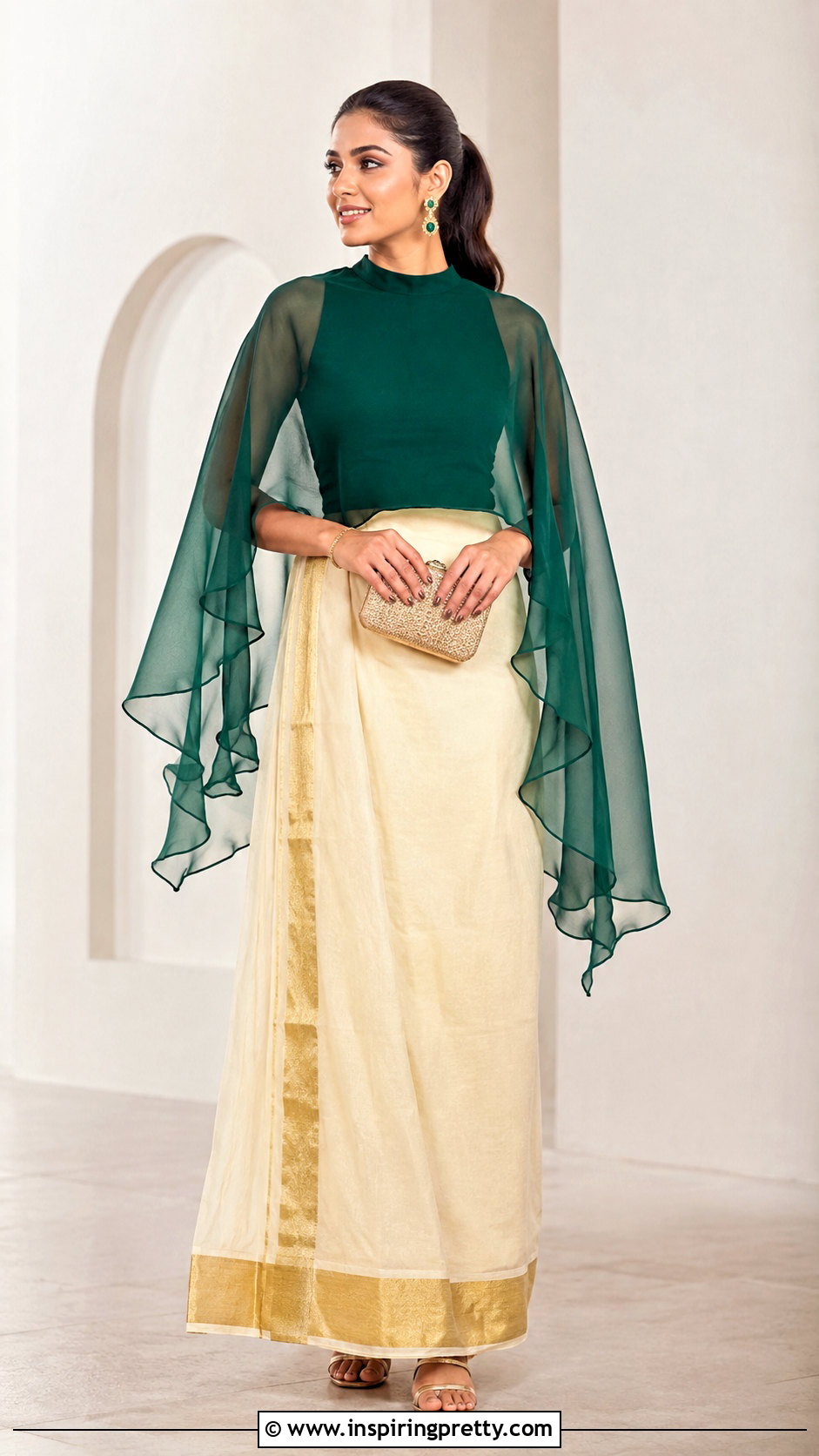 Kasavu Skirt With Cape Sleeve Blouse - 50 traditional skirt and top kerala outfit ideas