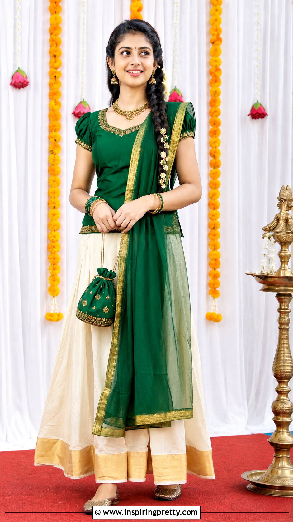 Kasavu Skirt With Green Davani Top - 50 traditional skirt and top kerala outfit ideas