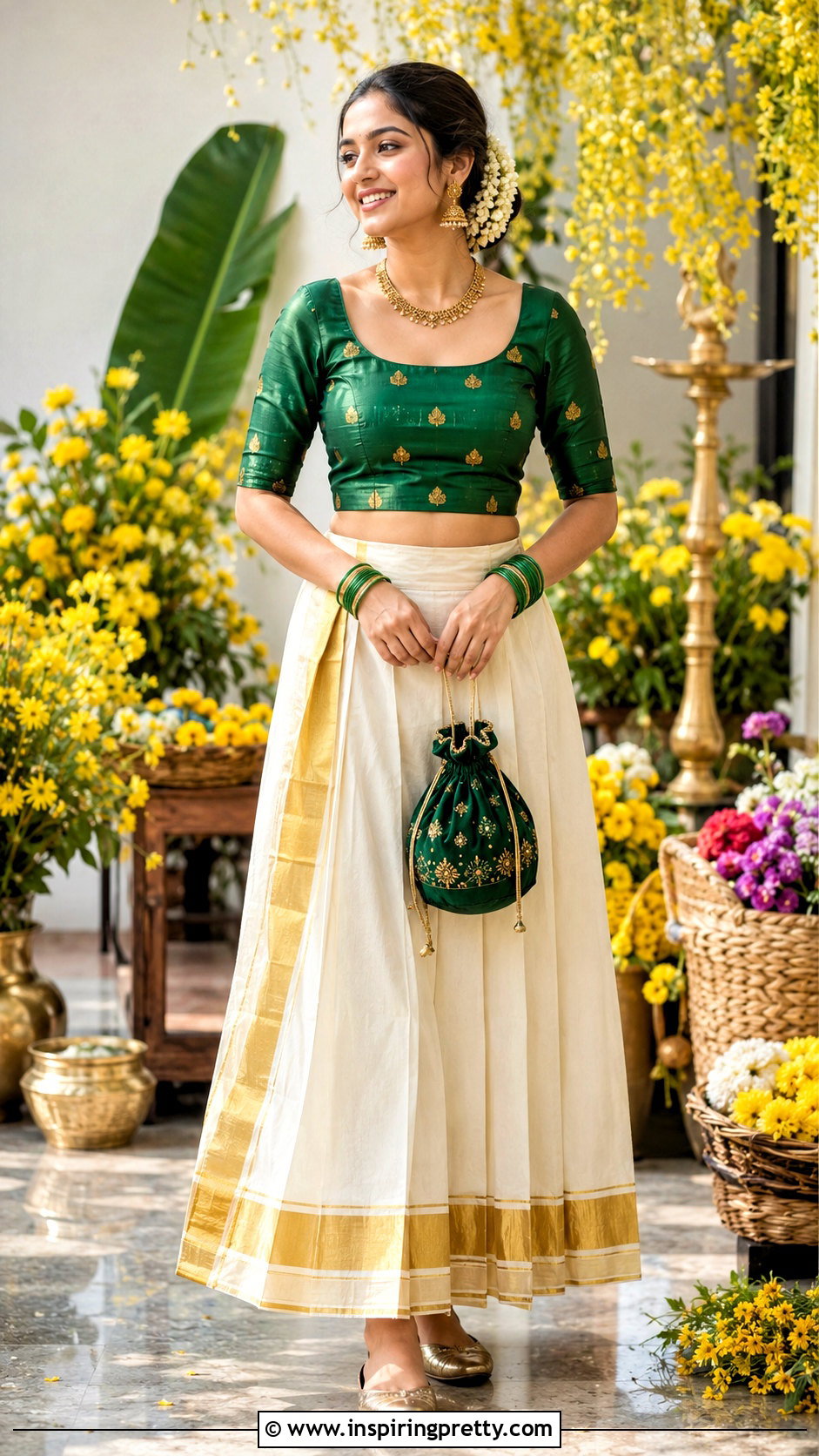 Kasavu Skirt With Green Silk Crop Top - 50 traditional skirt and top kerala outfit ideas