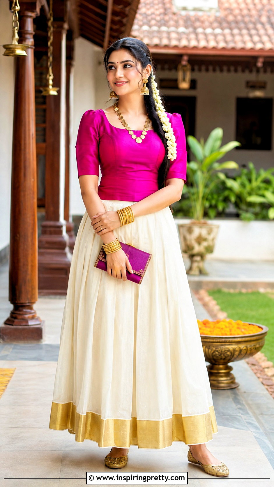 Kasavu Skirt With Magenta Silk Blouse - 50 traditional skirt and top kerala outfit ideas