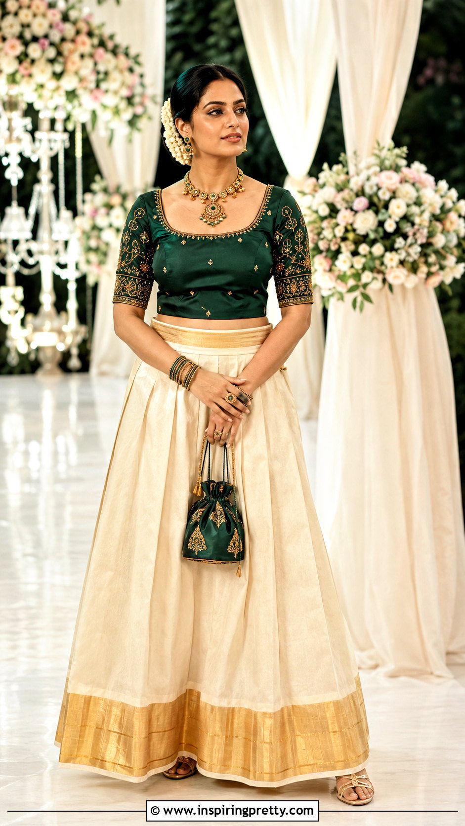 Kasavu Skirt With Peacock Green Blouse - 50 traditional skirt and top kerala outfit ideas