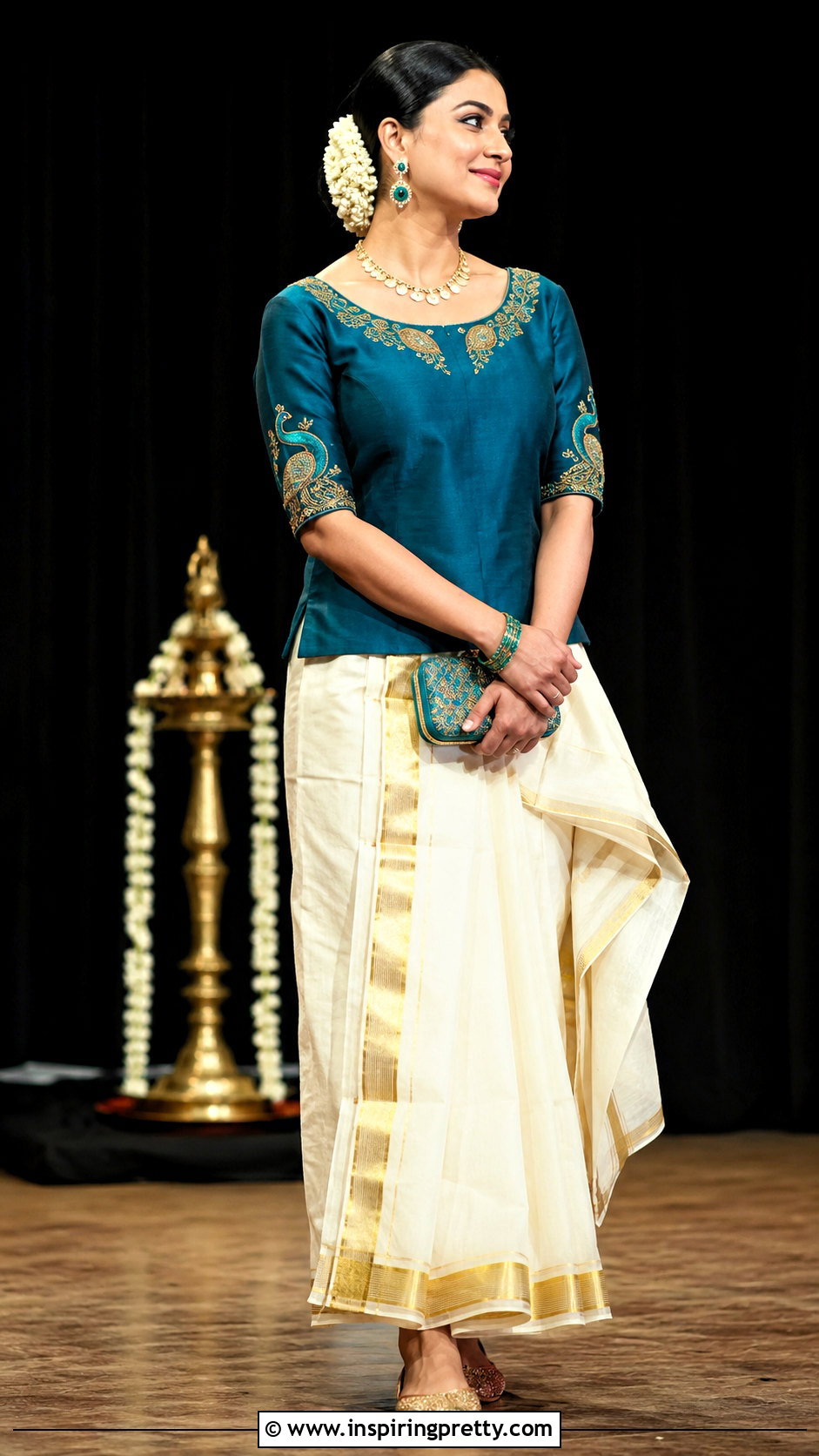 Kasavu Skirt With Peacock Motif Top - 50 traditional skirt and top kerala outfit ideas