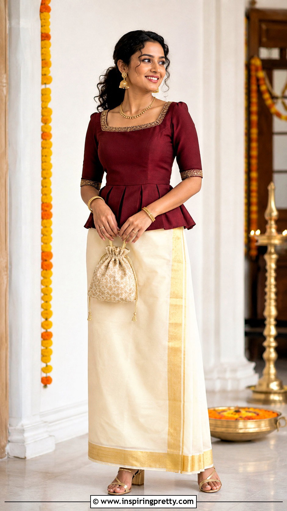 Kasavu Skirt With Peplum Blouse - 50 traditional skirt and top kerala outfit ideas