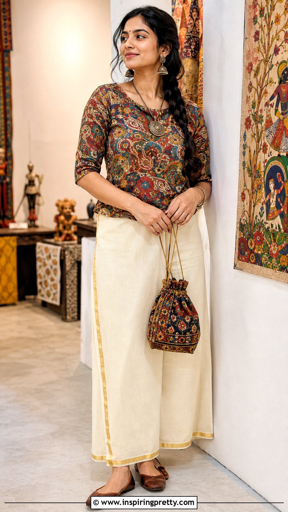 Kasavu Skirt With Printed Kalamkari Blouse - 50 traditional skirt and top kerala outfit ideas