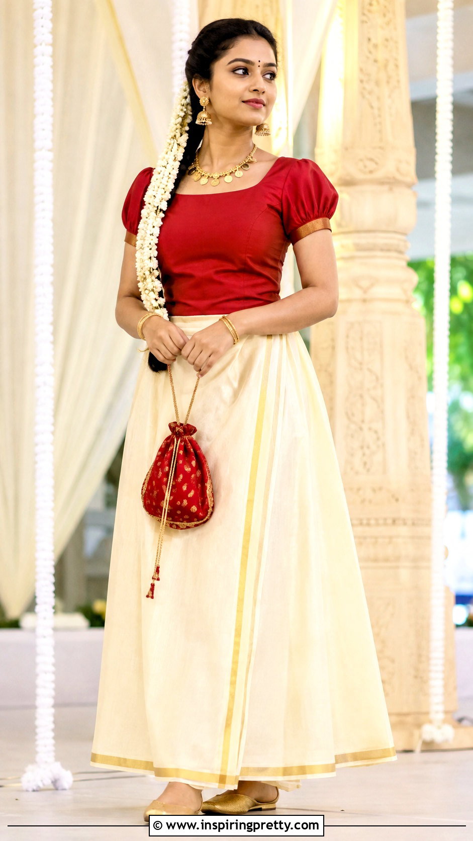 Kasavu Skirt With Puff Sleeve Red Top - 50 traditional skirt and top kerala outfit ideas