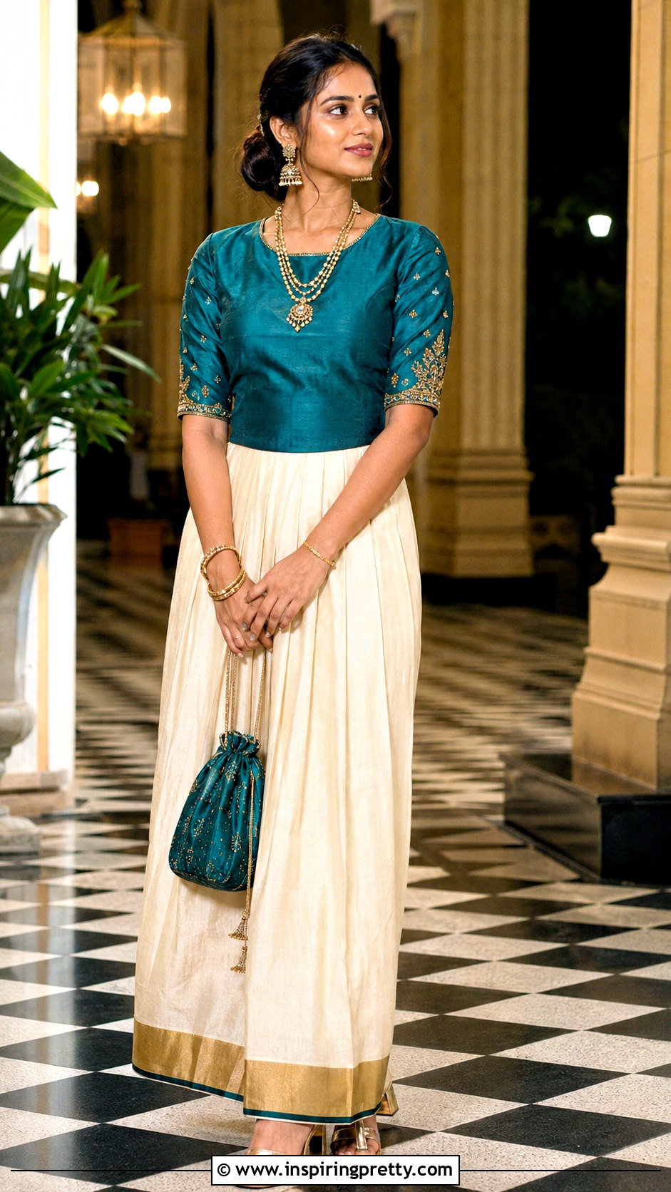 Kasavu Skirt With Teal Green Blouse - 50 traditional skirt and top kerala outfit ideas