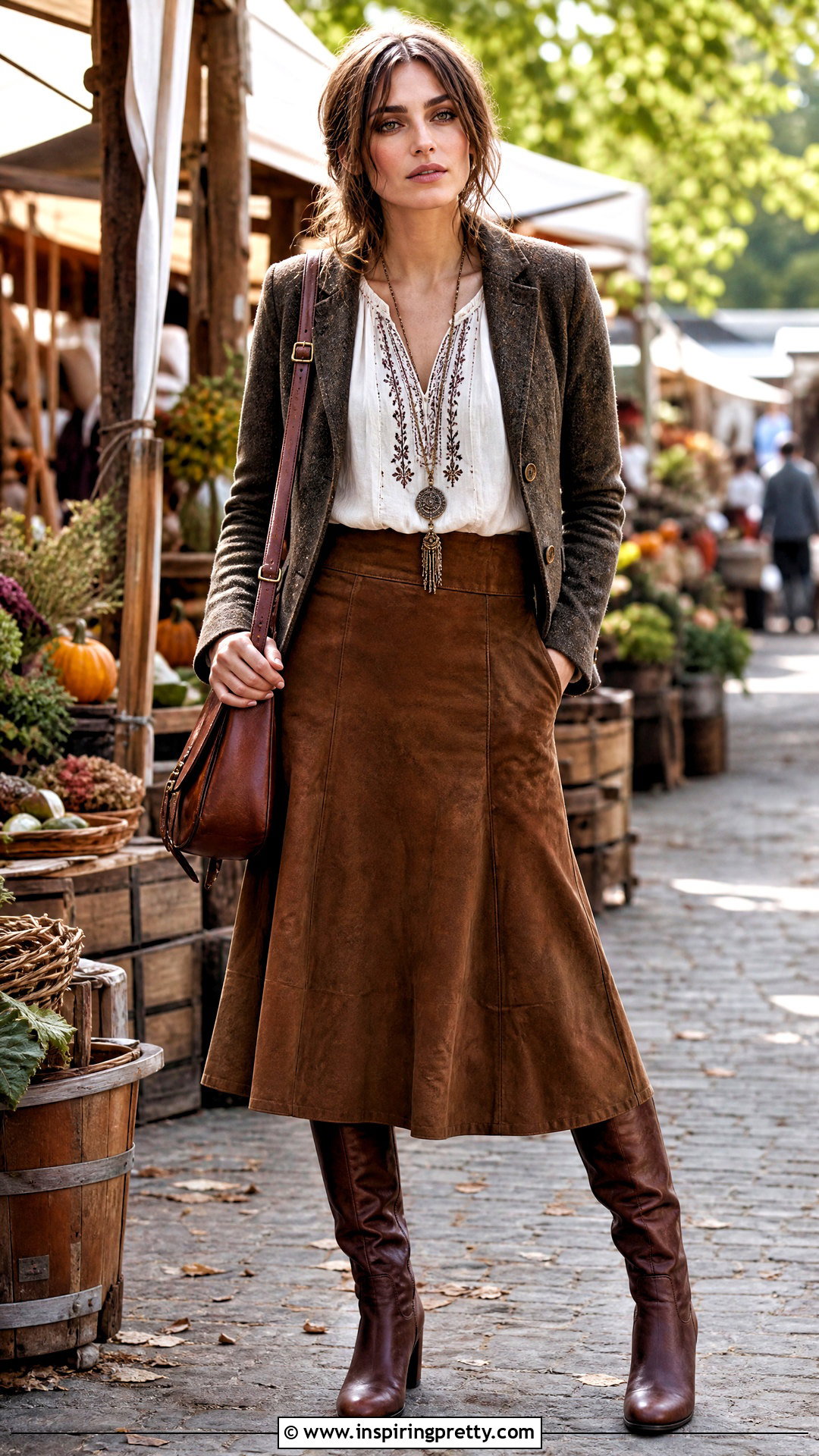 Keira Knightley White Peasant Blouse With Suede Midi Skirt - 20 keira knightley white top outfit ideas