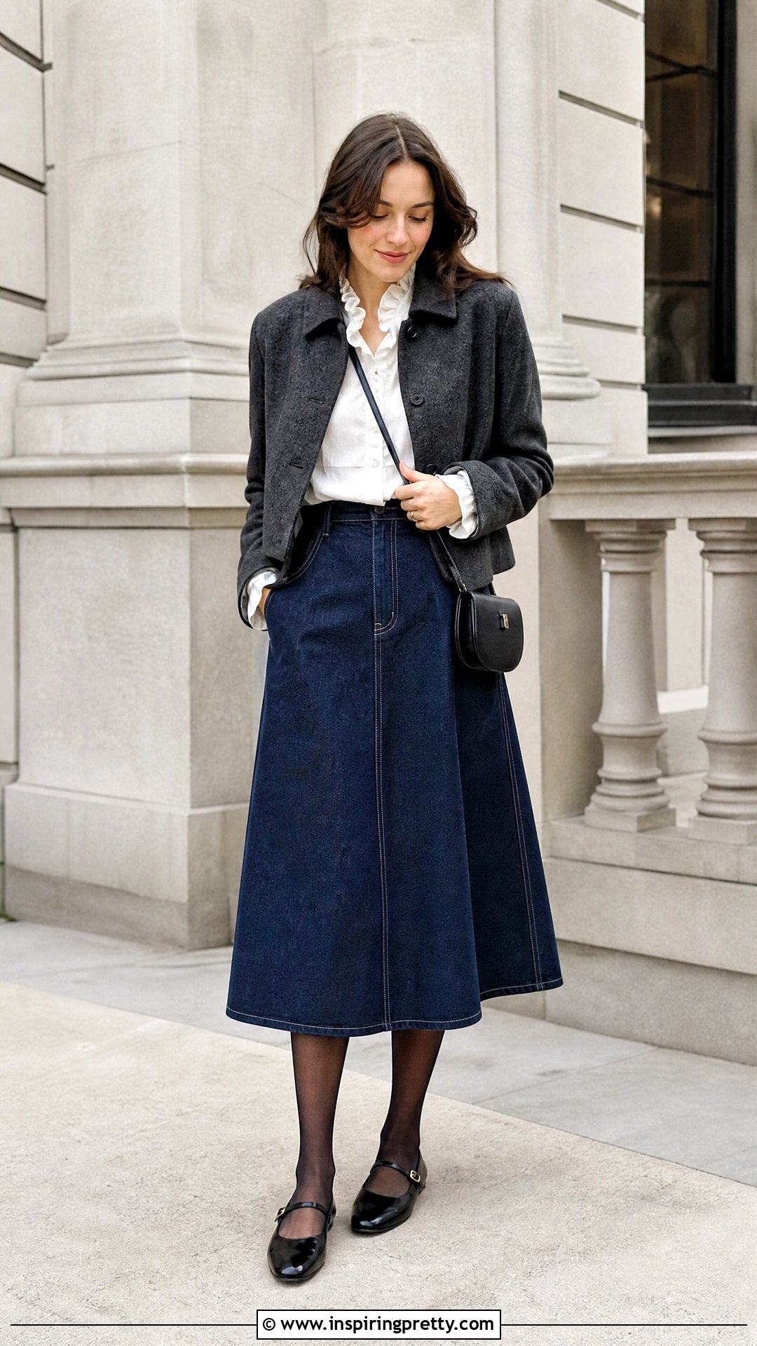 Keira Knightley White Ruffle Blouse With Denim Midi Skirt - 20 keira knightley white top outfit ideas
