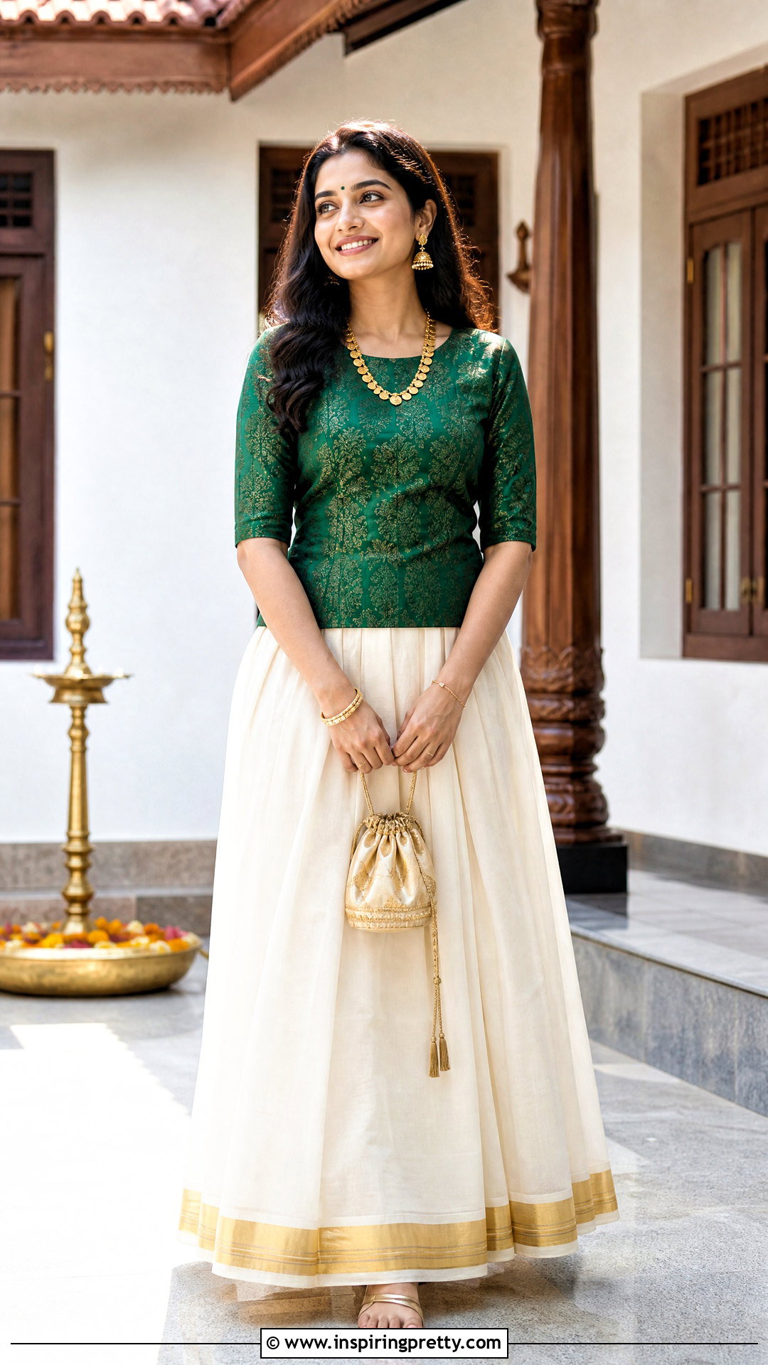 Kerala Cotton Onam Skirt And Green Brocade Top - 50 latest onam skirt and top designs