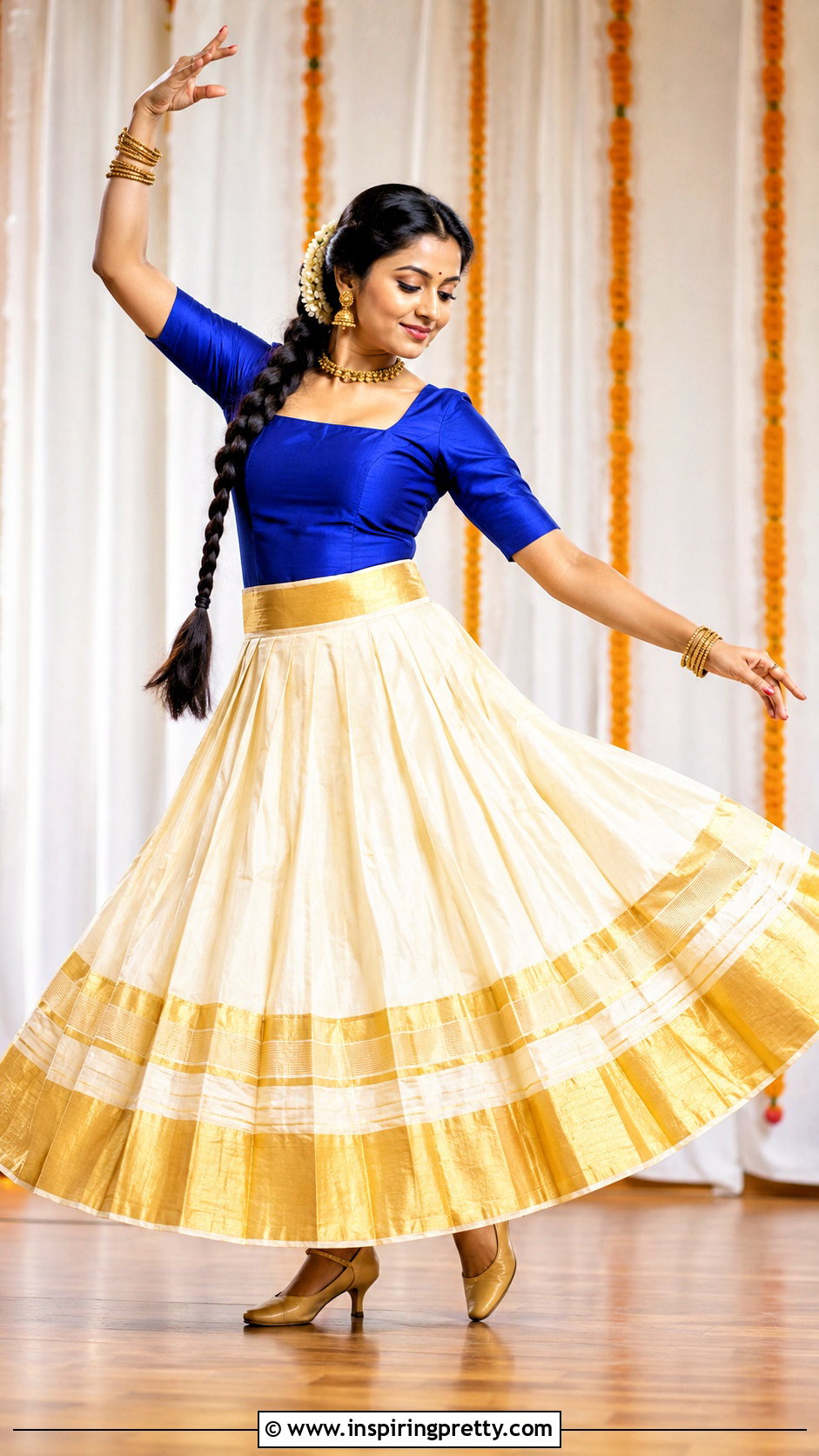 Kerala Kasavu Circular Skirt And Square Neck Top - 50 kerala skirt and top designs