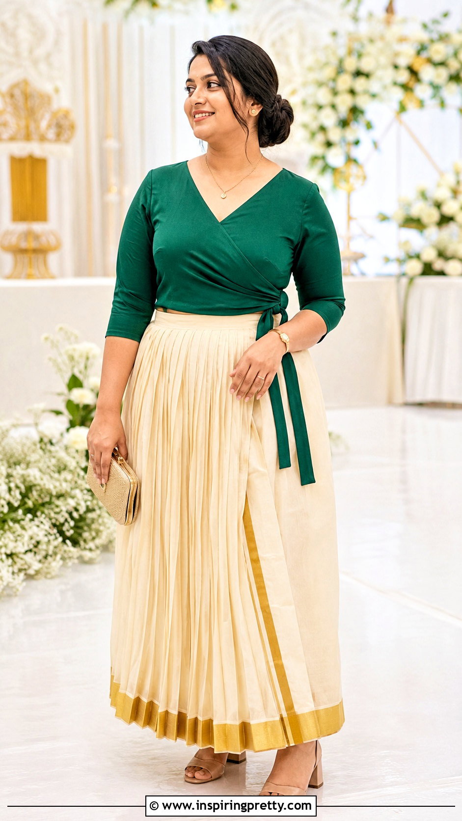 Kerala Kasavu Pleated Skirt And Wrap Top - 50 kerala skirt and top designs