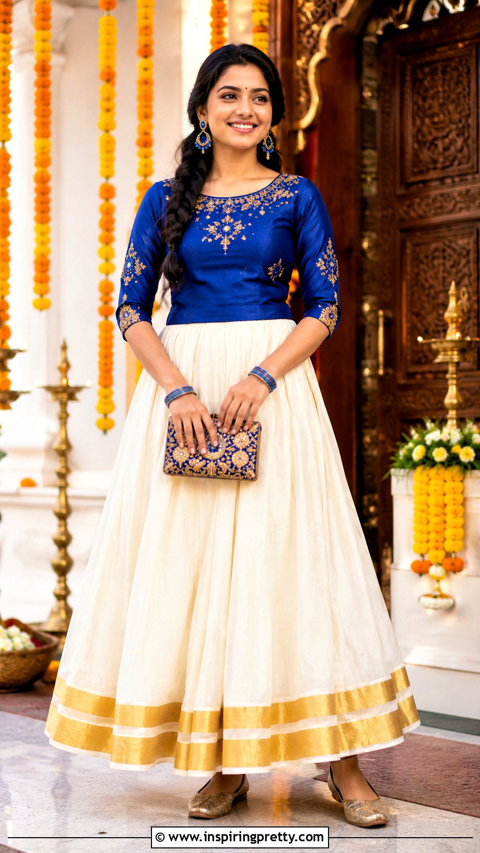 Kerala Kasavu Skirt And Blue Embroidered Top - 50 kerala skirt and top designs