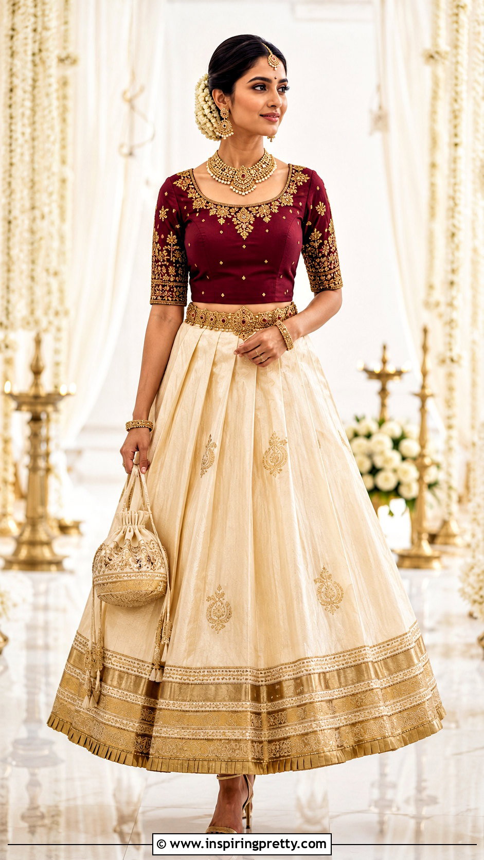 Kerala Kasavu Skirt And Bridal Embroidered Top - 50 kerala skirt and top designs