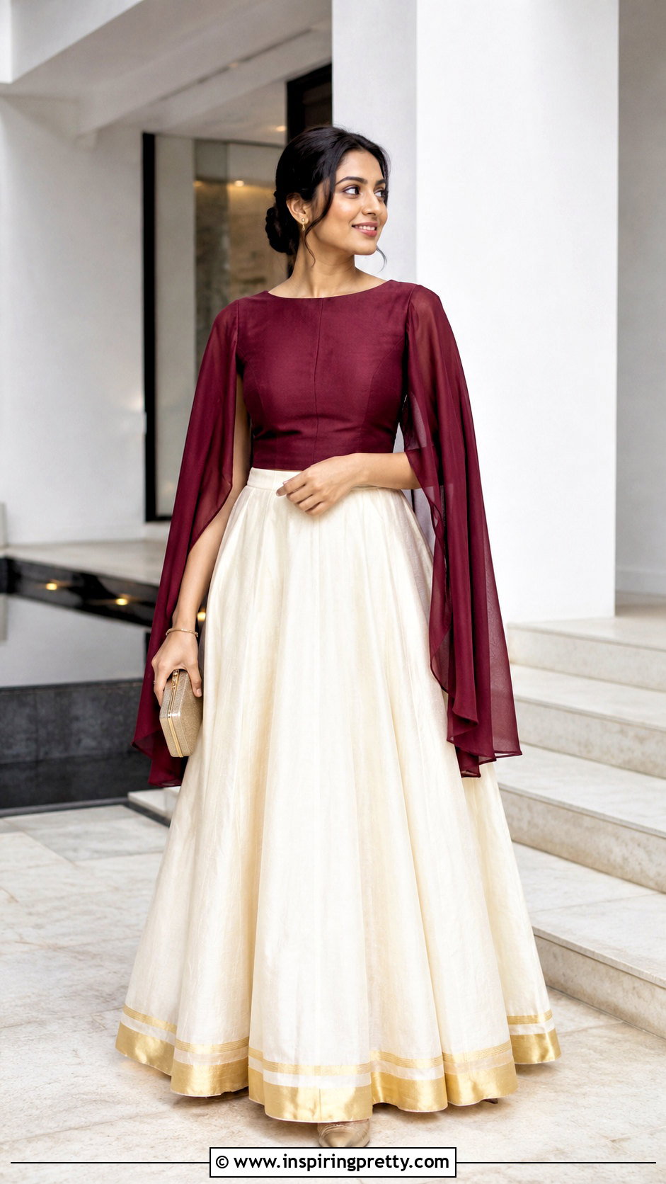 Kerala Kasavu Skirt And Cape Sleeve Top - 50 kerala skirt and top designs