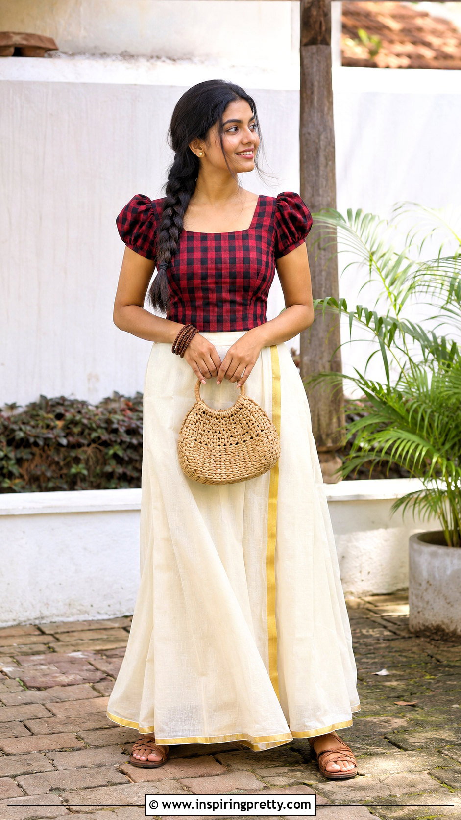 Kerala Kasavu Skirt And Checked Cotton Top - 50 kerala skirt and top designs