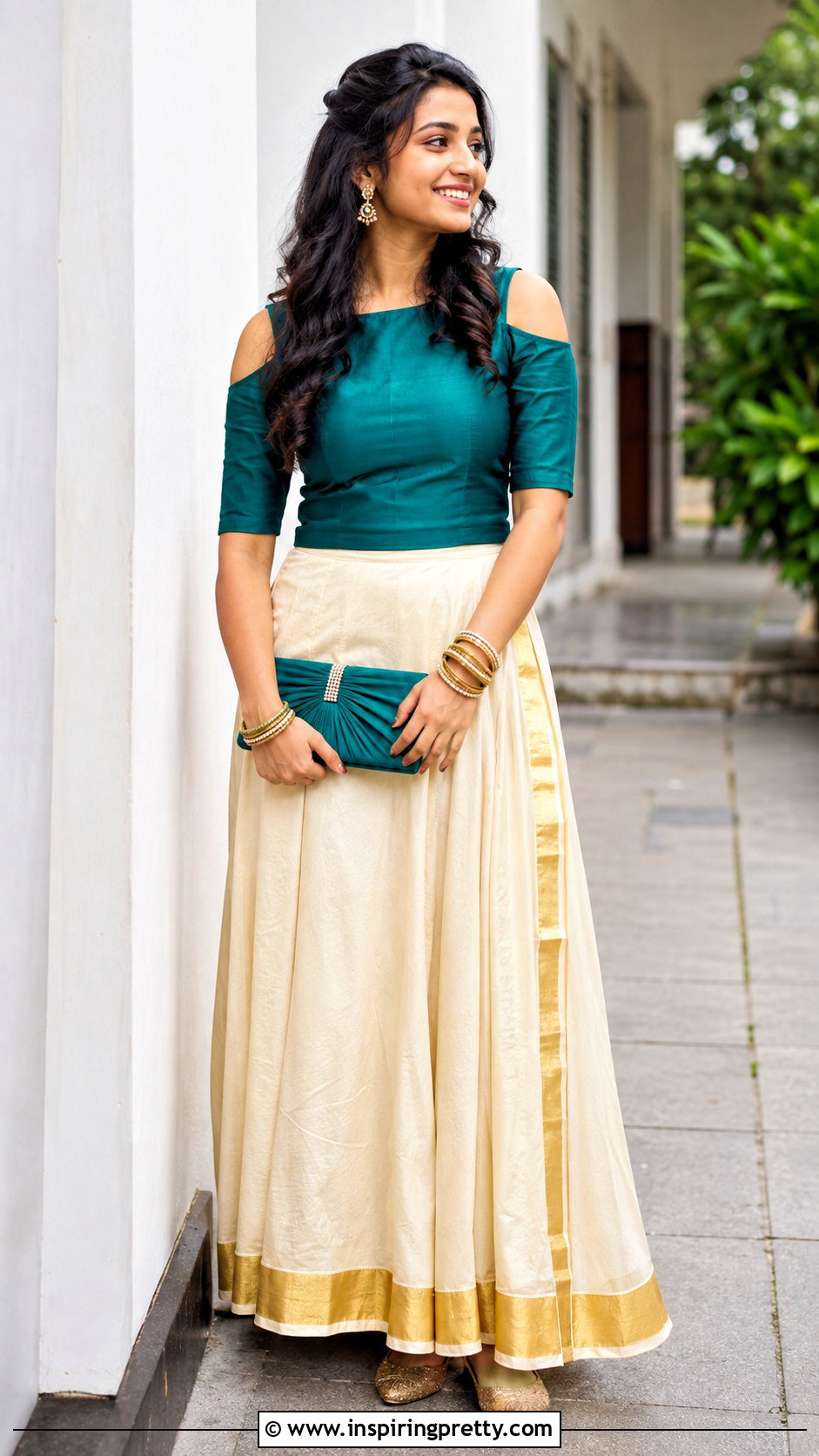 Kerala Kasavu Skirt And Cold Shoulder Top - 50 kerala skirt and top designs