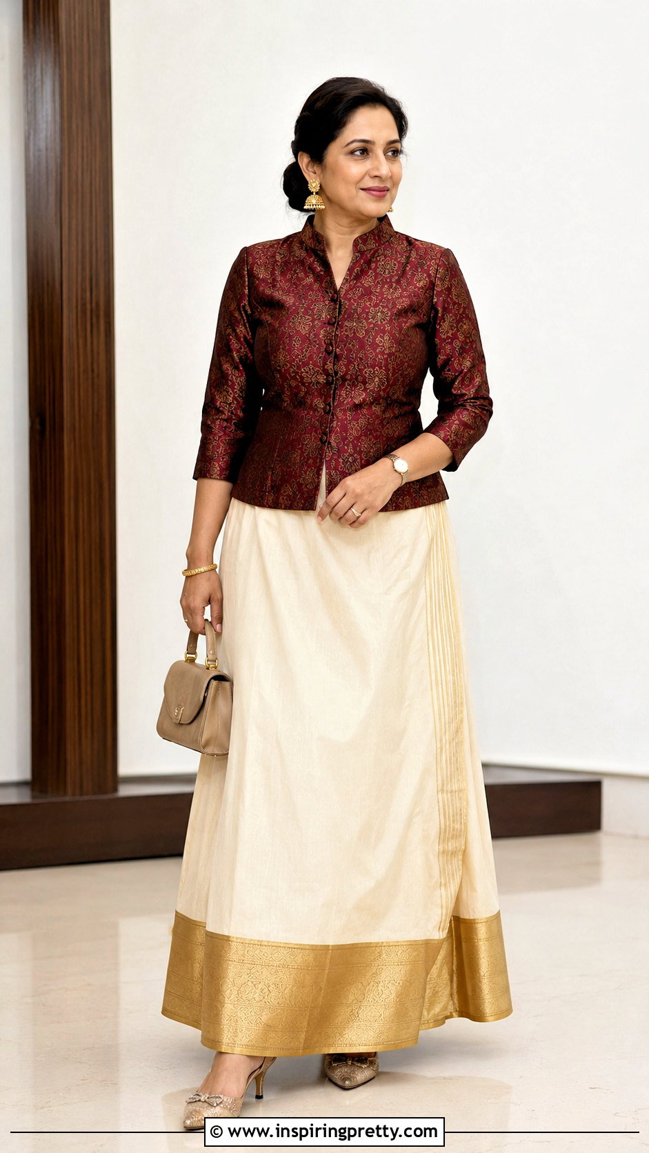 Kerala Kasavu Skirt And Collared Brocade Top - 50 kerala skirt and top designs