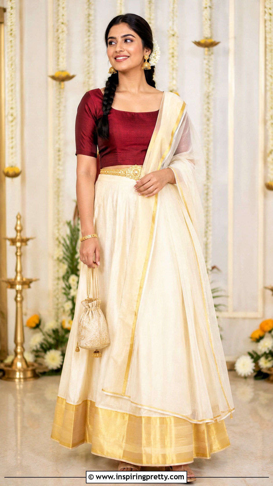 Kerala Kasavu Skirt And Dupatta Top Set - 50 kerala skirt and top designs