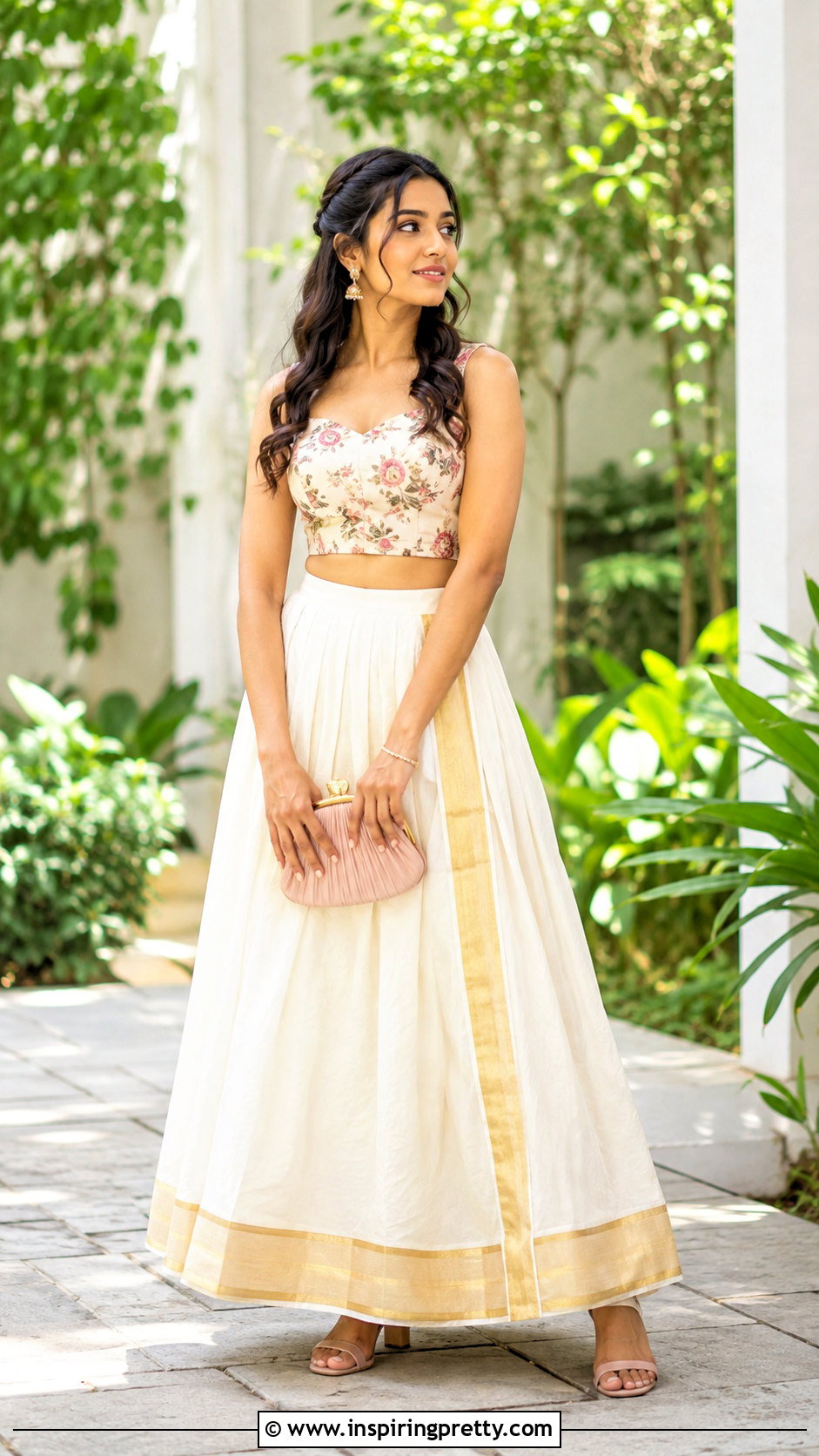 Kerala Kasavu Skirt And Floral Crop Top - 50 kerala skirt and top designs