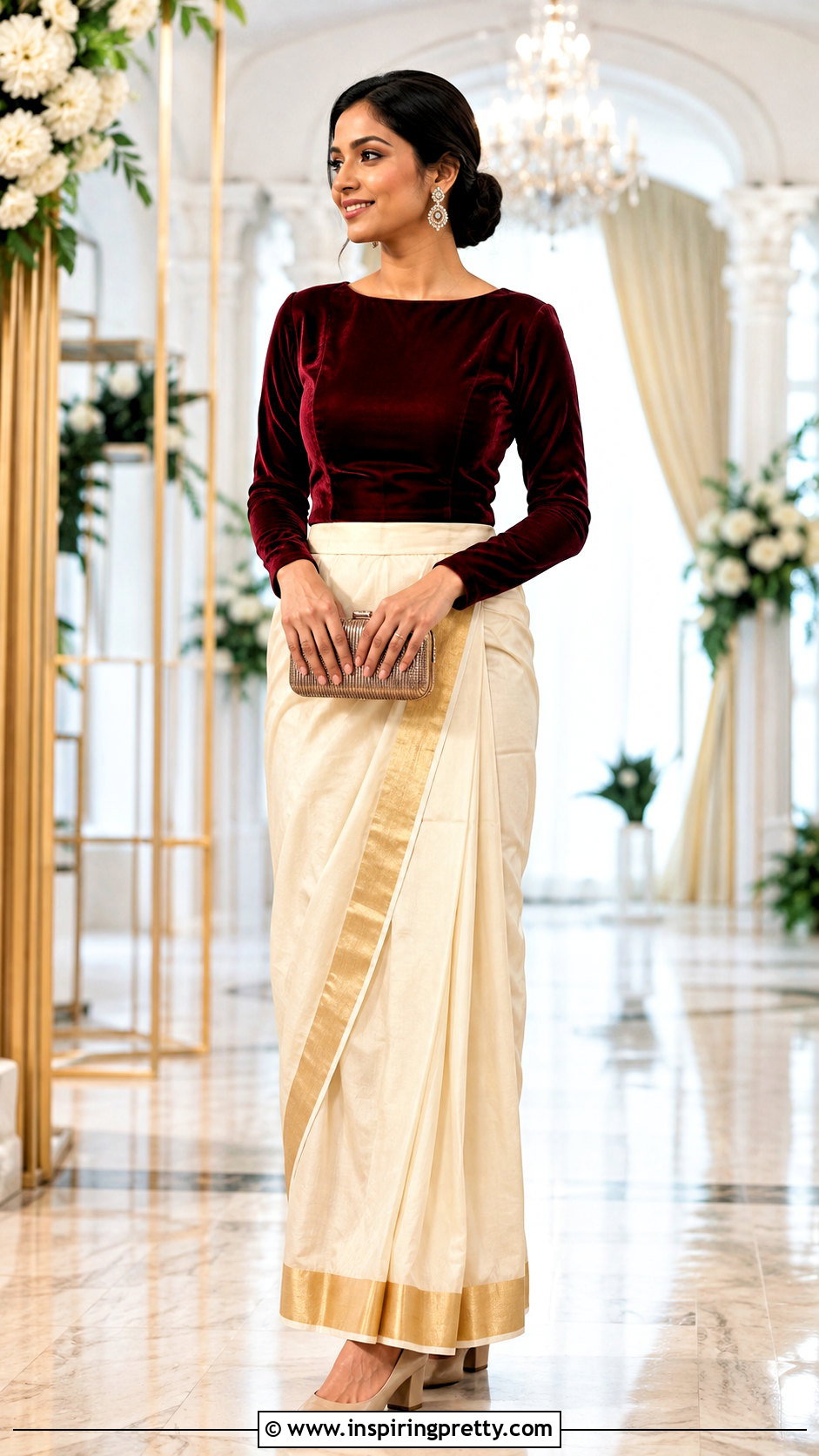 Kerala Kasavu Skirt And Full Sleeve Velvet Top - 50 kerala skirt and top designs