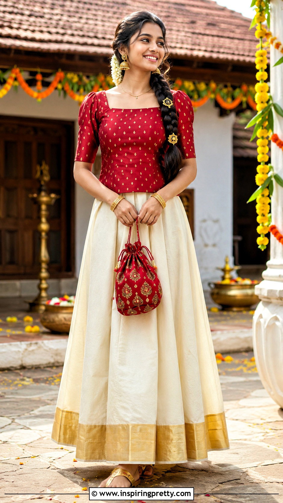 Kerala Kasavu Skirt And Gold Polka Dot Top - 50 kerala skirt and top designs