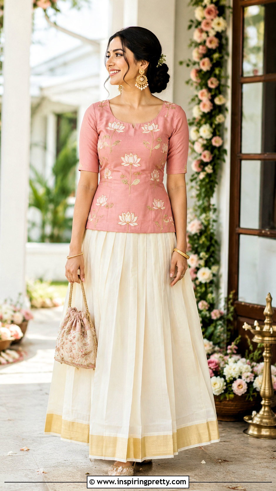 Kerala Kasavu Skirt And Lotus Embroidered Top - 50 kerala skirt and top designs
