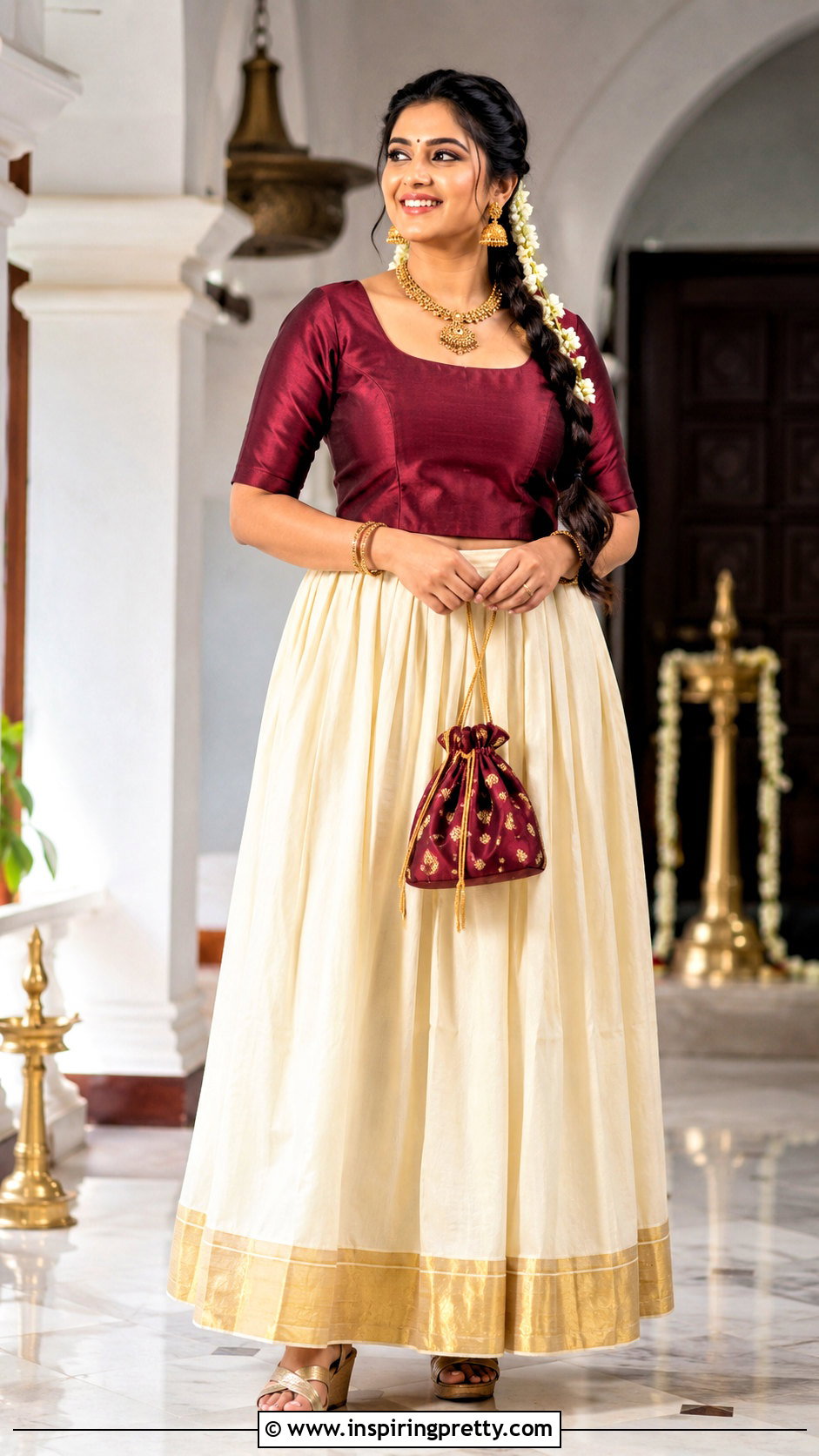 Kerala Kasavu Skirt And Maroon Silk Top - 50 kerala skirt and top designs