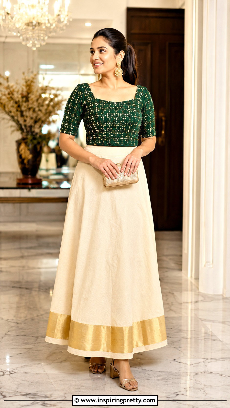 Kerala Kasavu Skirt And Mirror Work Top - 50 kerala skirt and top designs