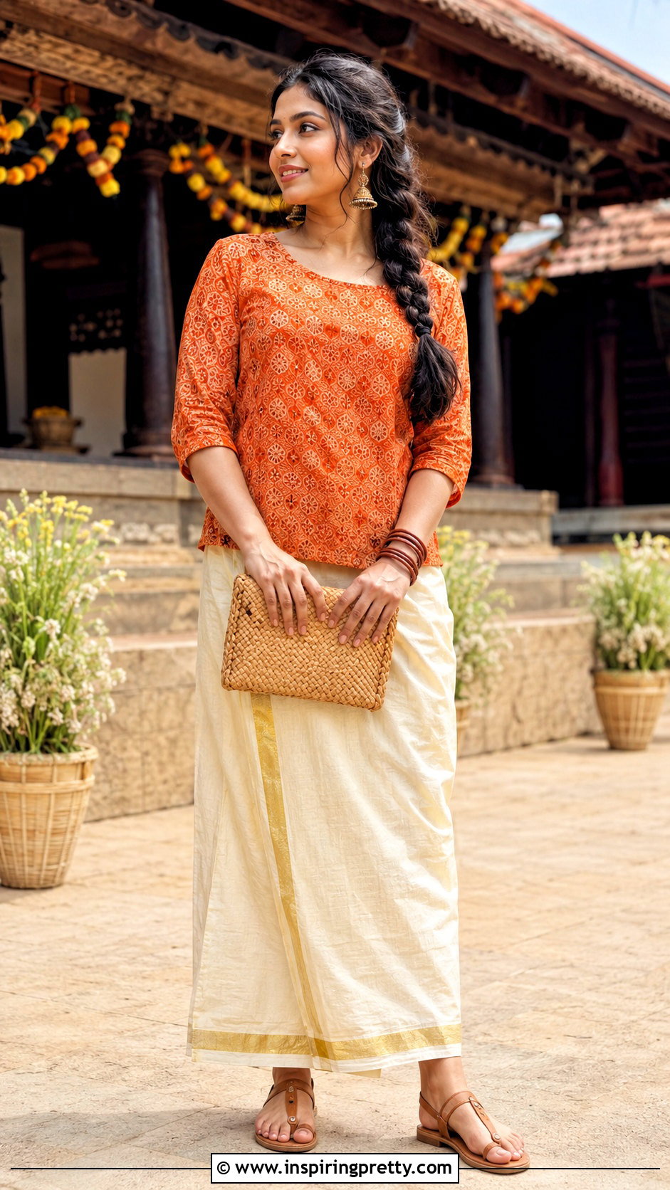 Kerala Kasavu Skirt And Orange Printed Top - 50 kerala skirt and top designs