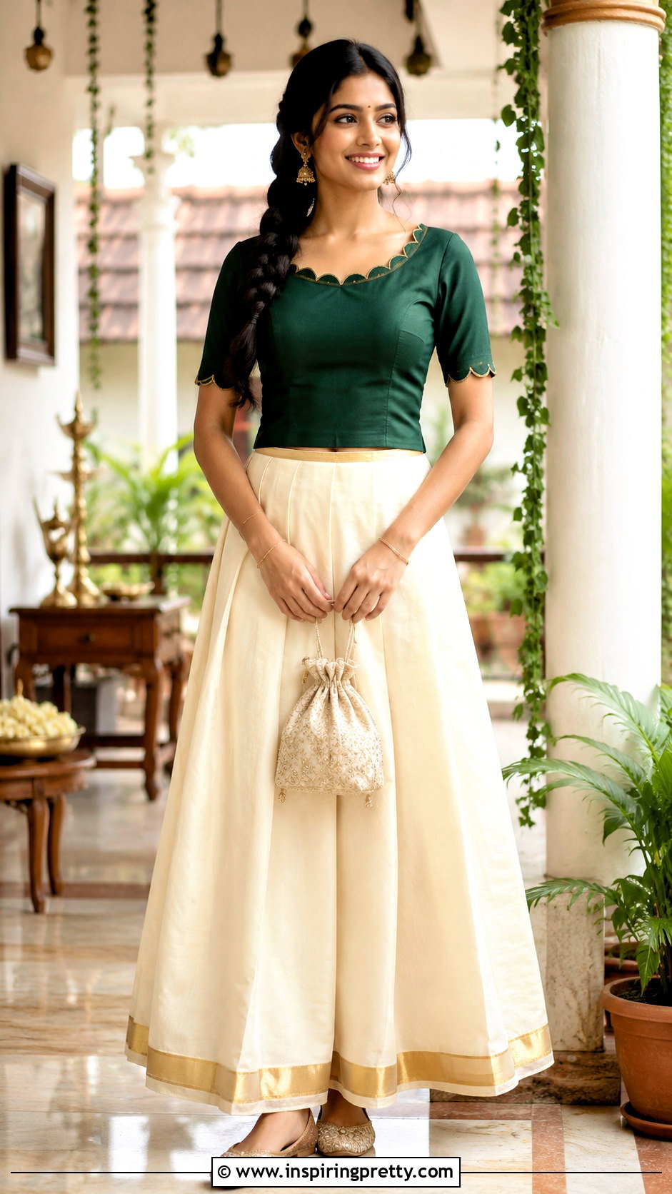 Kerala Kasavu Skirt And Scalloped Neck Top - 50 kerala skirt and top designs